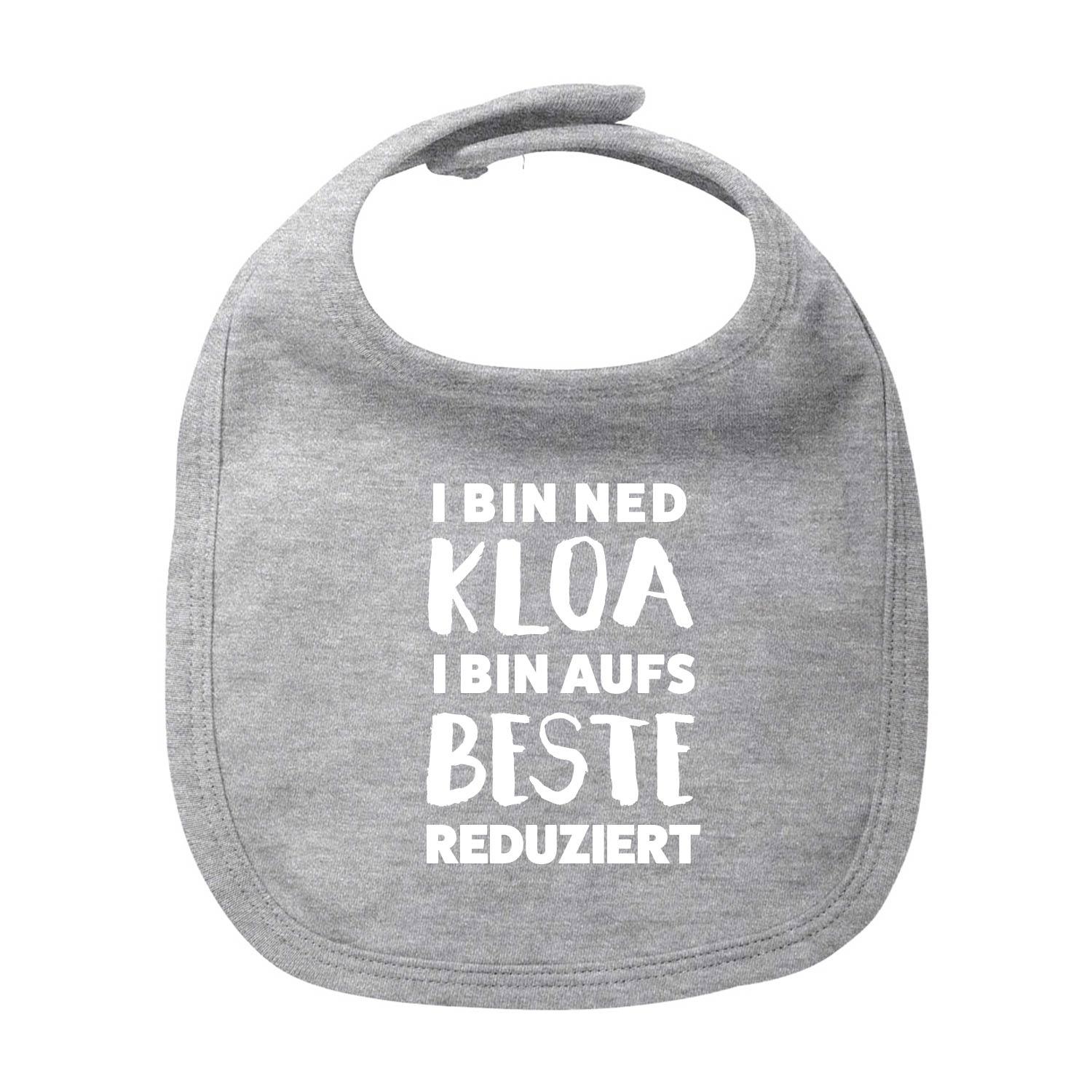 Weißes Baby-Lätzchen mit blauem Herz-Motiv, bayerischem Schriftzug „aufs Beste reduziert“, aus Bio-Baumwolle.