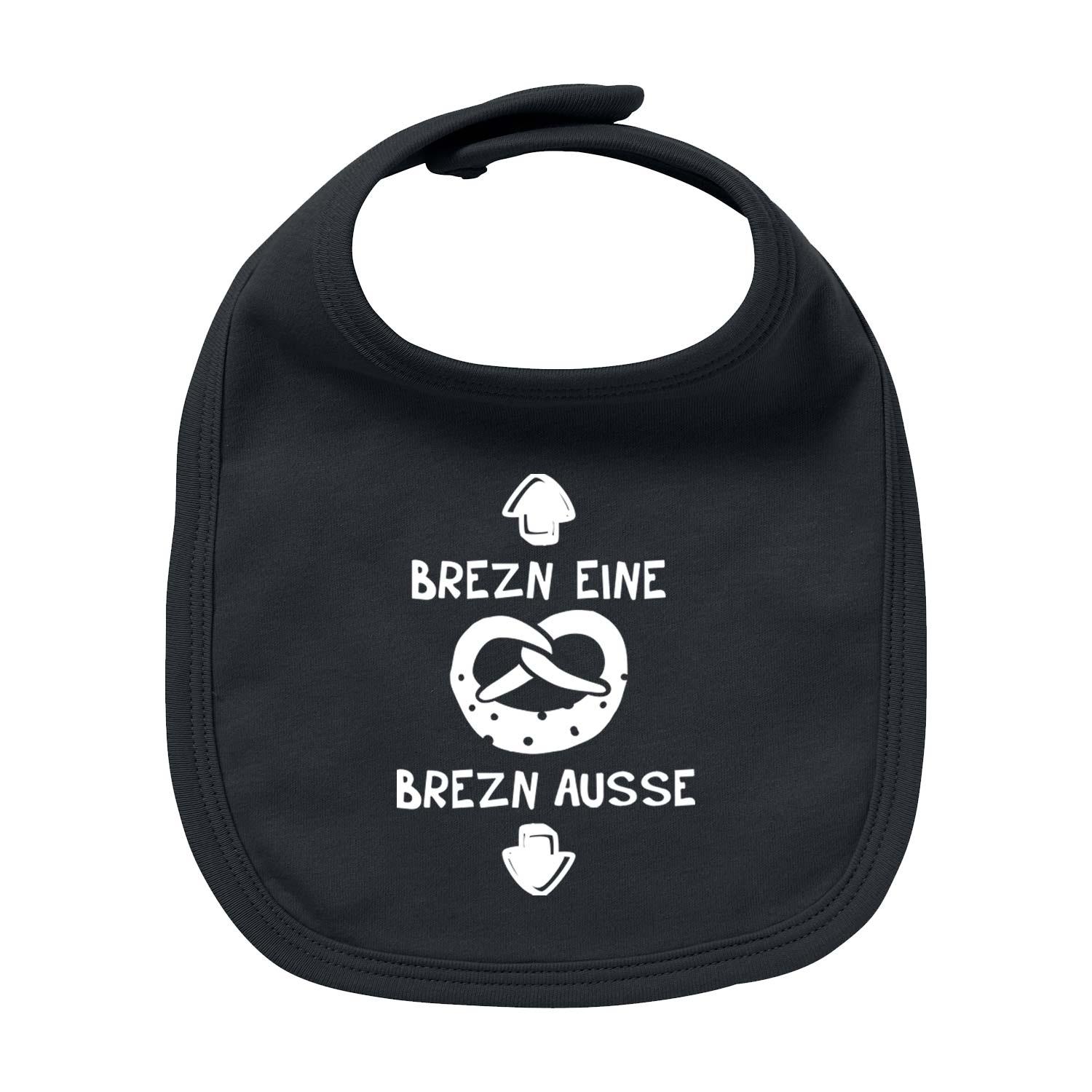 Bayerisches Lätzchen aus Bio-Baumwolle mit Brezen-Motiv und Schriftzug, in Halbmondform, Siebdruck, 35 × 22 cm.