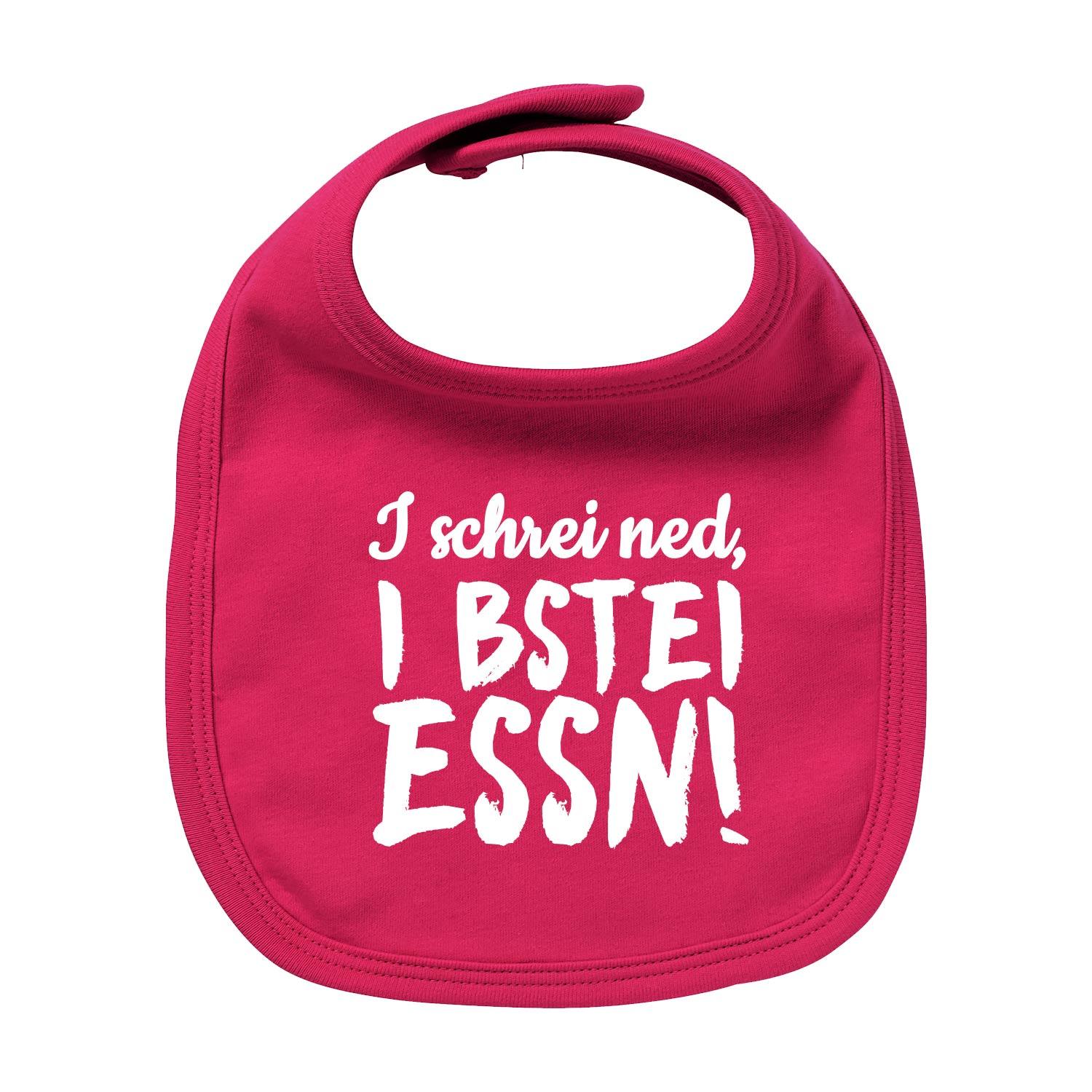 Weißes Baby-Lätzchen mit blauem bayerischem Schriftzug „I bstei Essn...“, aus Bio-Baumwolle, Siebdruck.