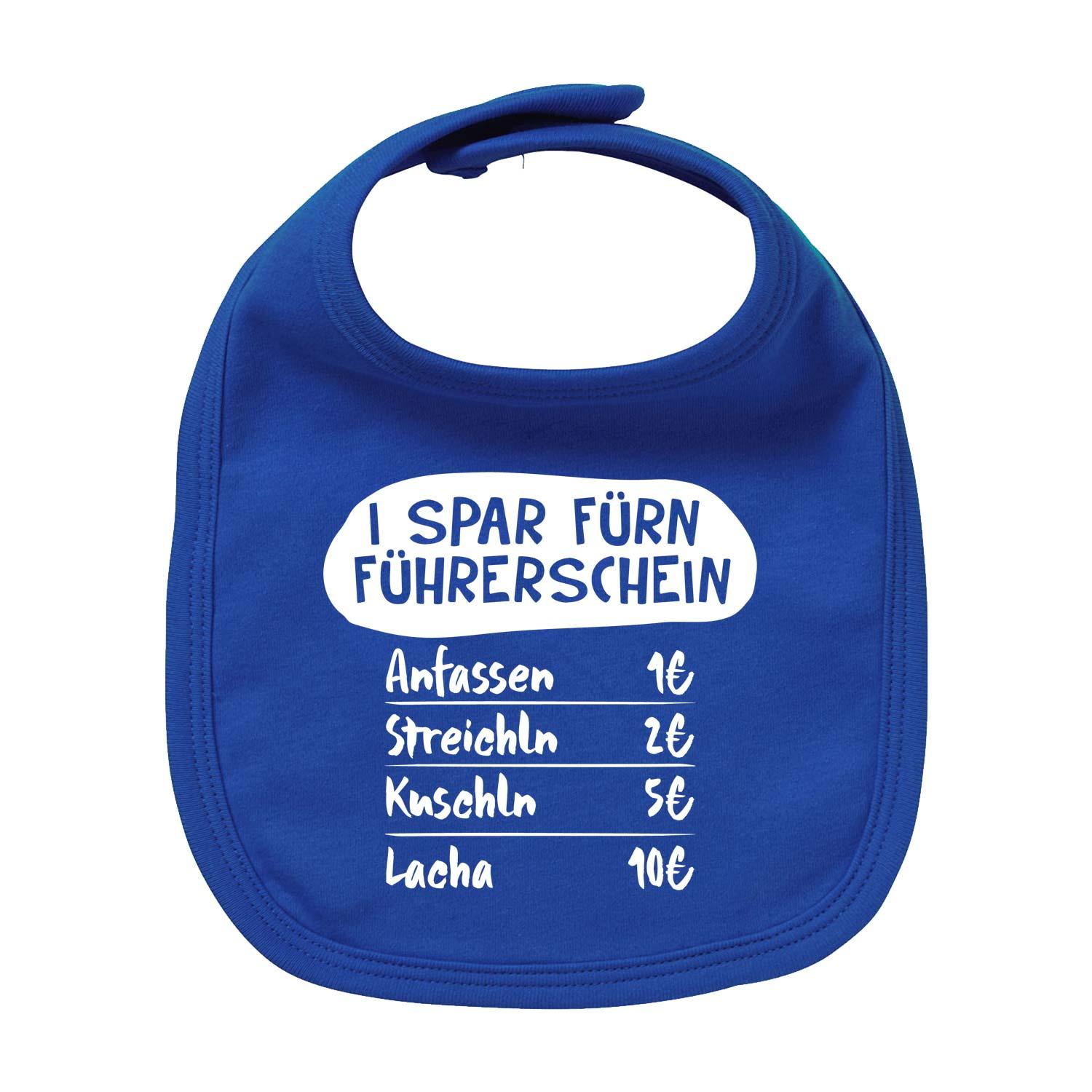 Weißes Baby-Lätzchen mit blauem Schriftzug „I spar fürn Führerschein“, runde Form, 100 % Bio-Baumwolle.