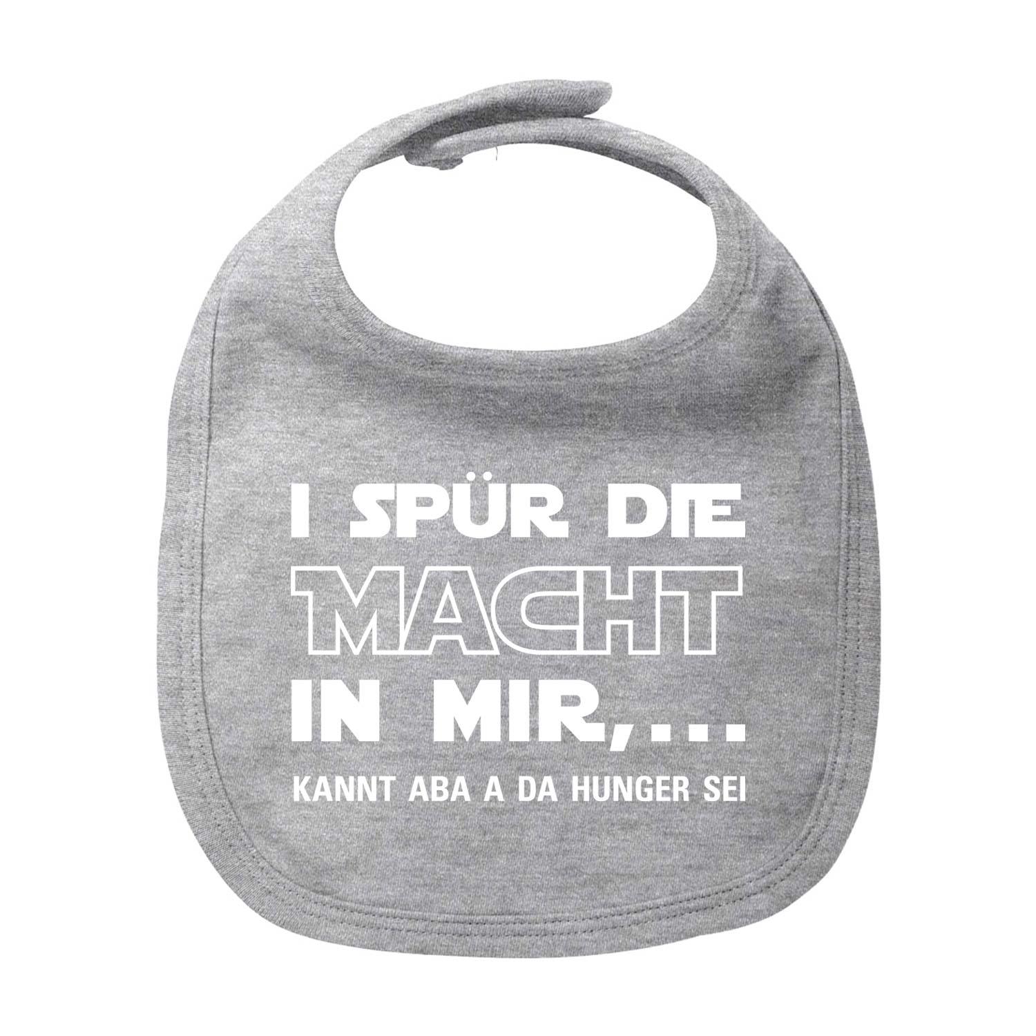 Weißes Baby-Lätzchen mit schwarzem Schriftzug „I spür die Macht“, runder Halsausschnitt, aus Bio-Baumwolle, 35 × 22 cm.