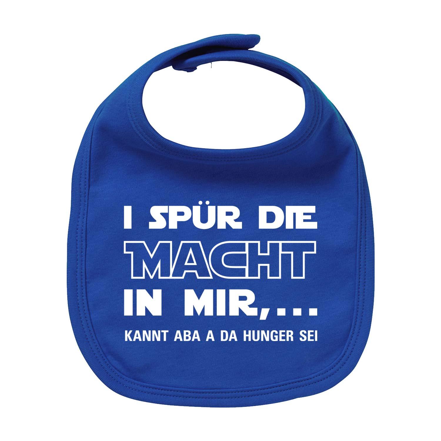 Weißes Baby-Lätzchen aus Bio-Baumwolle mit schwarzem Schriftzug „I spür die Macht“ und Klettverschluss, 35 × 22 cm.