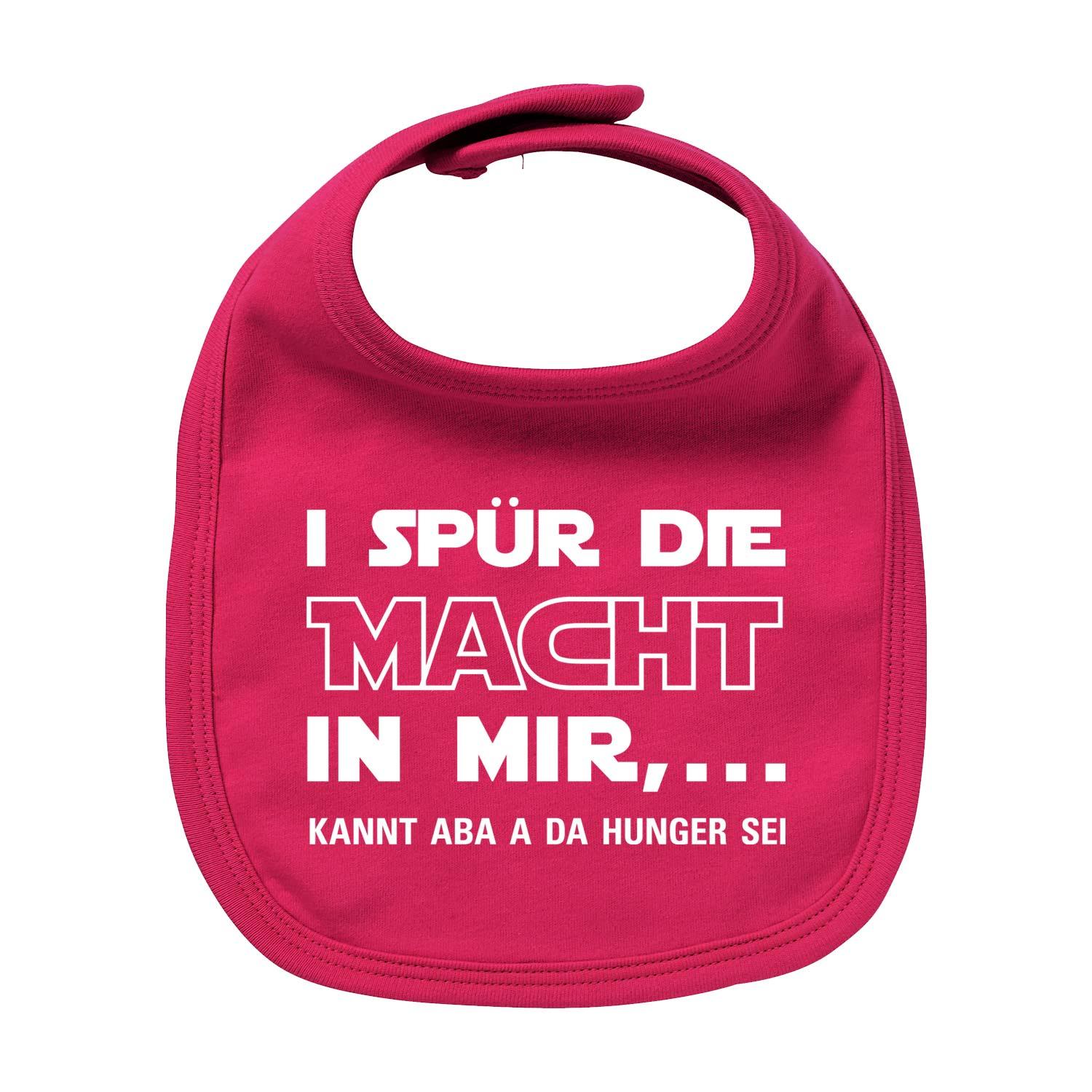 Weißes Baby-Lätzchen mit schwarzem Schriftzug „I spür die Macht…“ und rotem Herz, aus Bio-Baumwolle, rechteckig, 35 × 22 cm.
