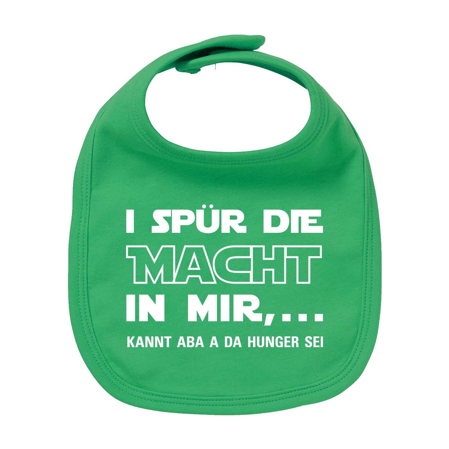 Weißes Baby-Lätzchen mit schwarzem Frontdruck „I spür die Macht“, Druckknopfverschluss, aus Bio-Baumwolle.