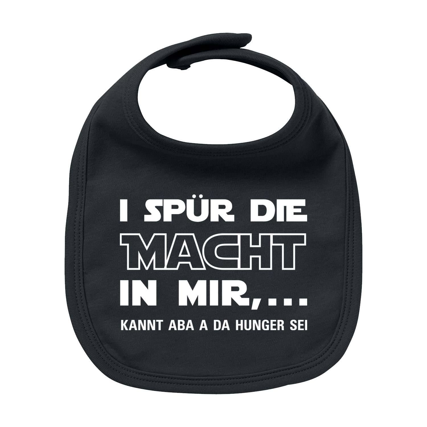 Baby-Lätzchen in Dunkelblau mit weißem Schriftzug „I spür die Macht“, aus 100 % Bio-Baumwolle, ca. 35 × 22 cm.