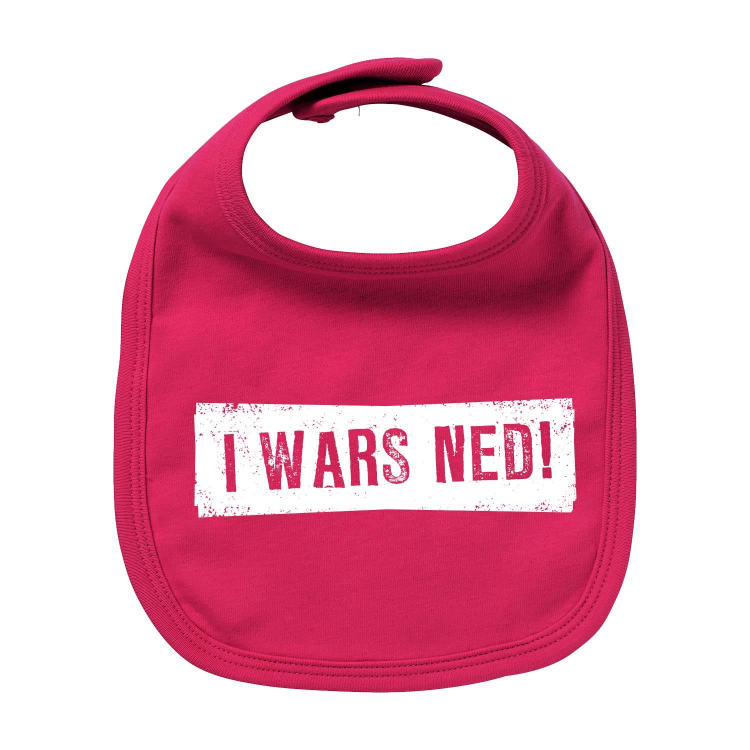 Weißes Baby-Lätzchen mit blauem Schriftzug „I wars ned!“ aus Bio-Baumwolle, rechteckig mit abgerundeten Ecken.