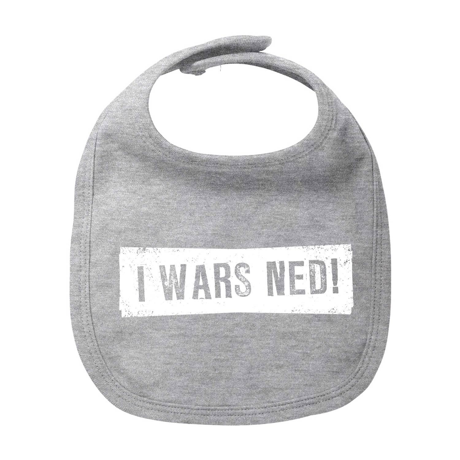 Weißes Baby-Lätzchen mit rundem Halsausschnitt, blauem Schriftzug „I wars ned!“ aus Bio-Baumwolle, 35 x 22 cm.