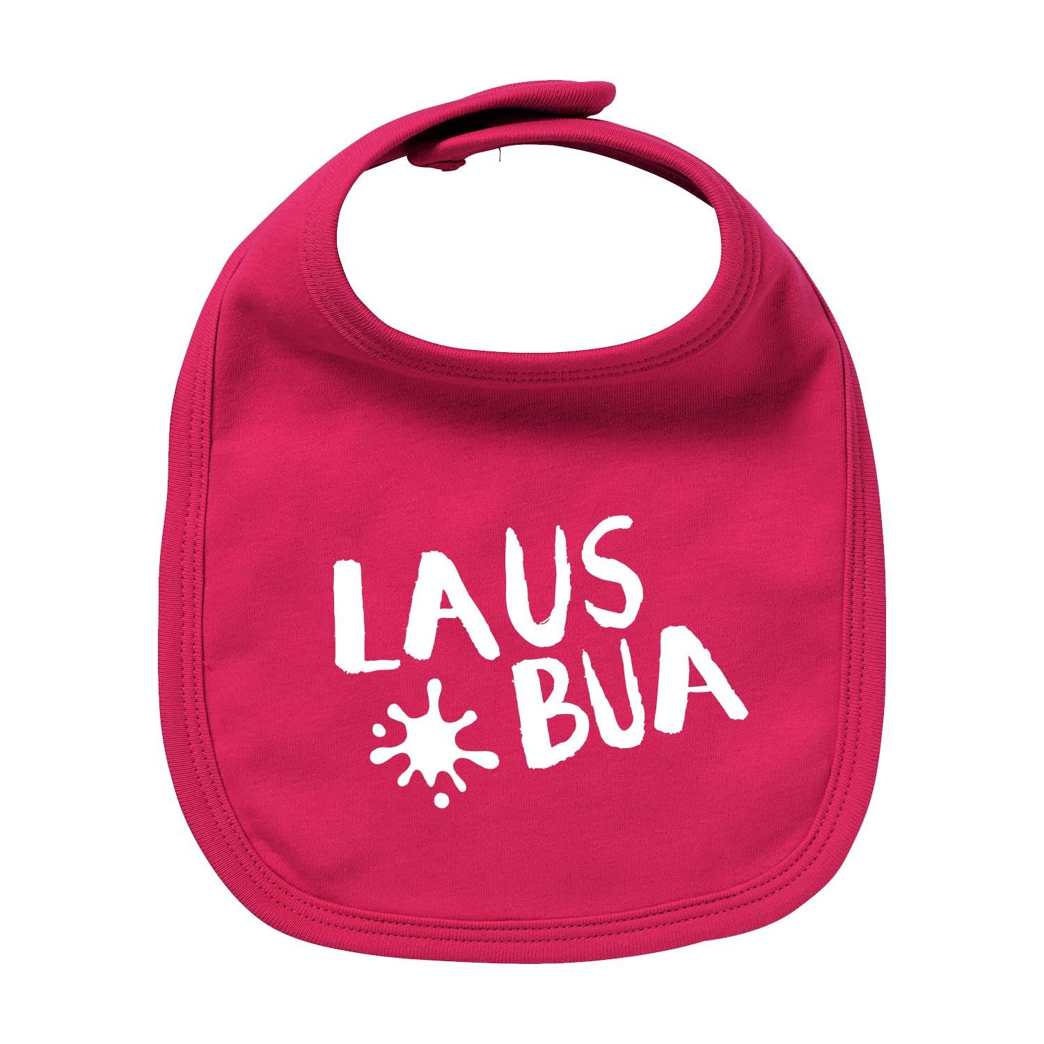 Fuchsia-farbenes Baby-Lätzchen Lausbua mit gesticktem, weißem Schriftzug und süßem Klecksmotiv.