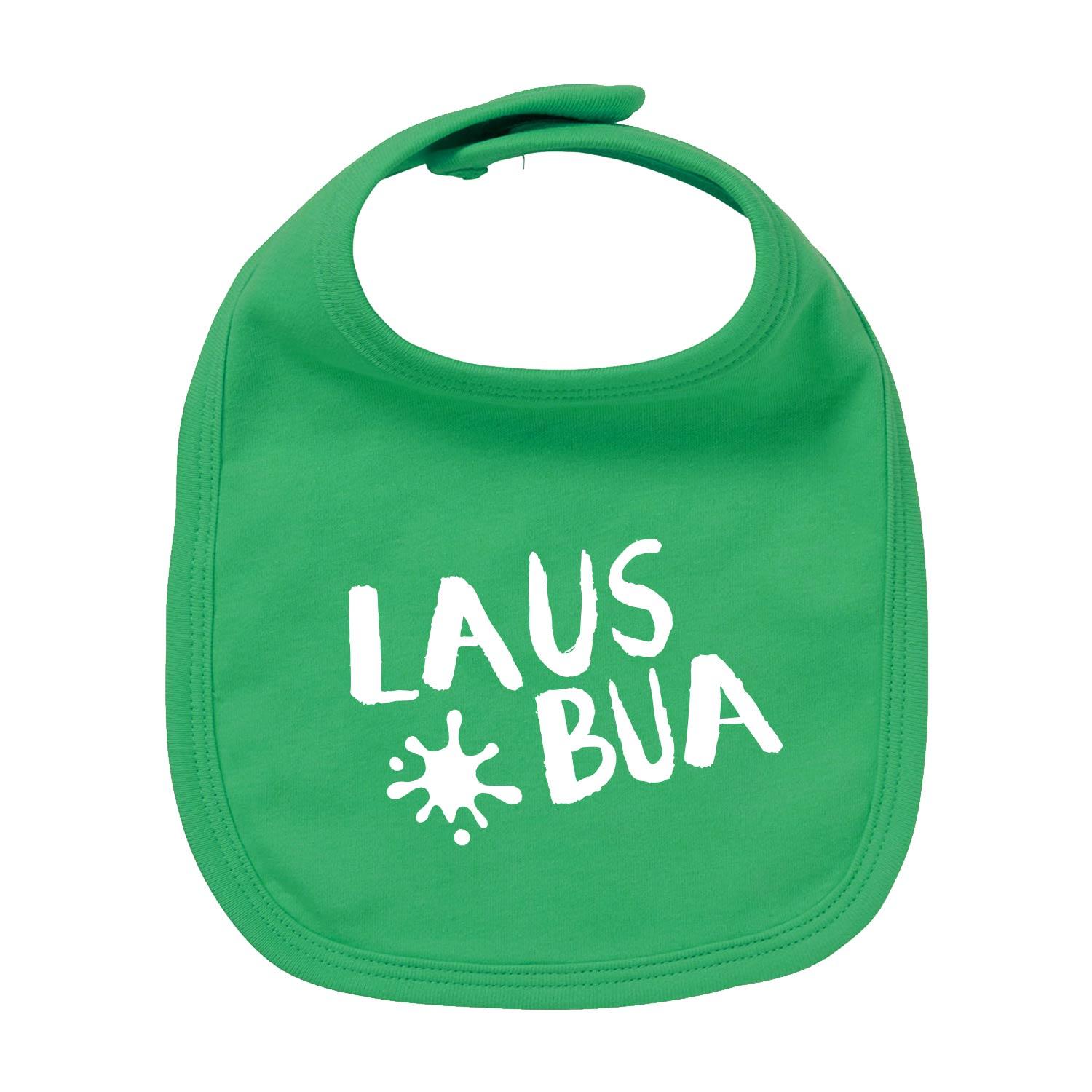 Bayerisches Baby-Lätzchen in Blau mit weißem Schriftzug „Lausbua“, runde Form, aus 100 % Bio-Baumwolle.