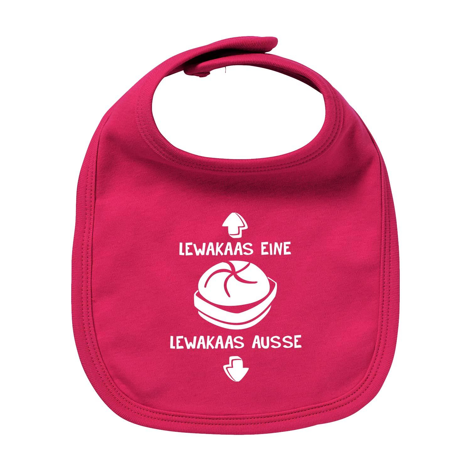 Baby-Lätzchen mit großem "Lewakaas" Schriftzug, rundem Halsausschnitt und Druckknopf, aus 100 % Bio-Baumwolle.