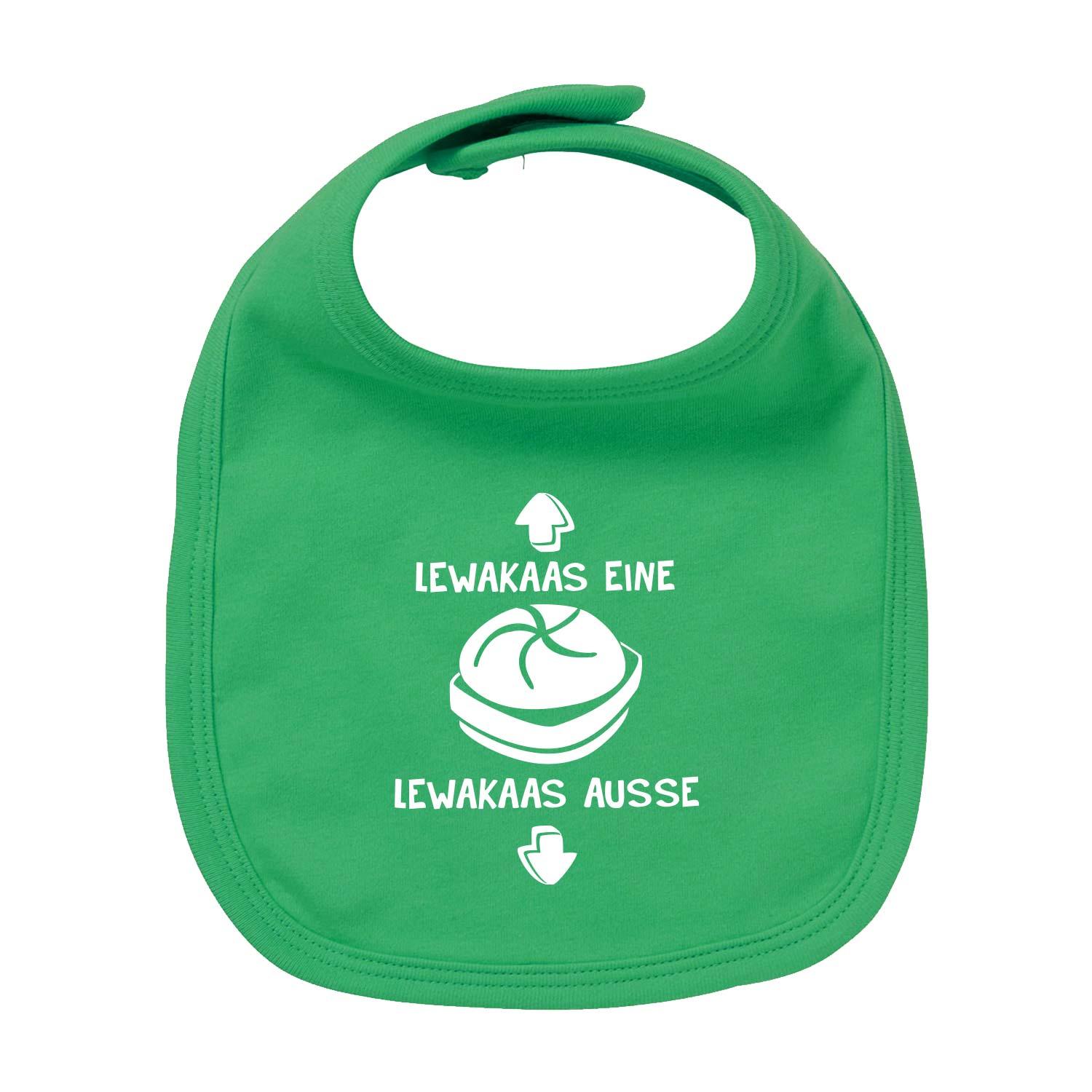Baby-Lätzchen mit mittig gedrucktem Schriftzug „Lewakaas“, aus 100 % Bio-Baumwolle, rechteckige Form.