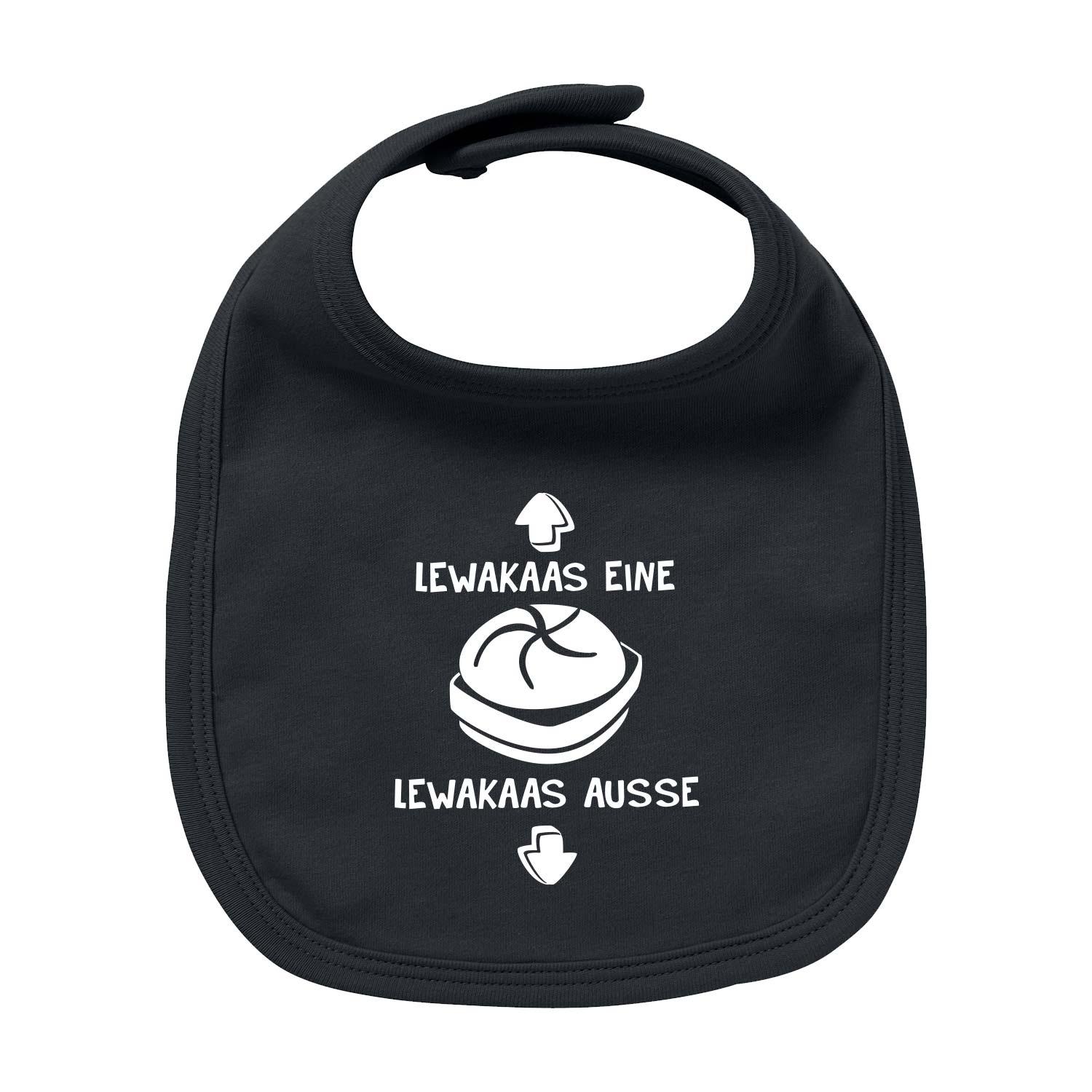 Baby-Lätzchen mit bayerischem Schriftzug „Lewakaas“ in geschwungener Typografie, aus 100 % Bio-Baumwolle, Siebdruck.