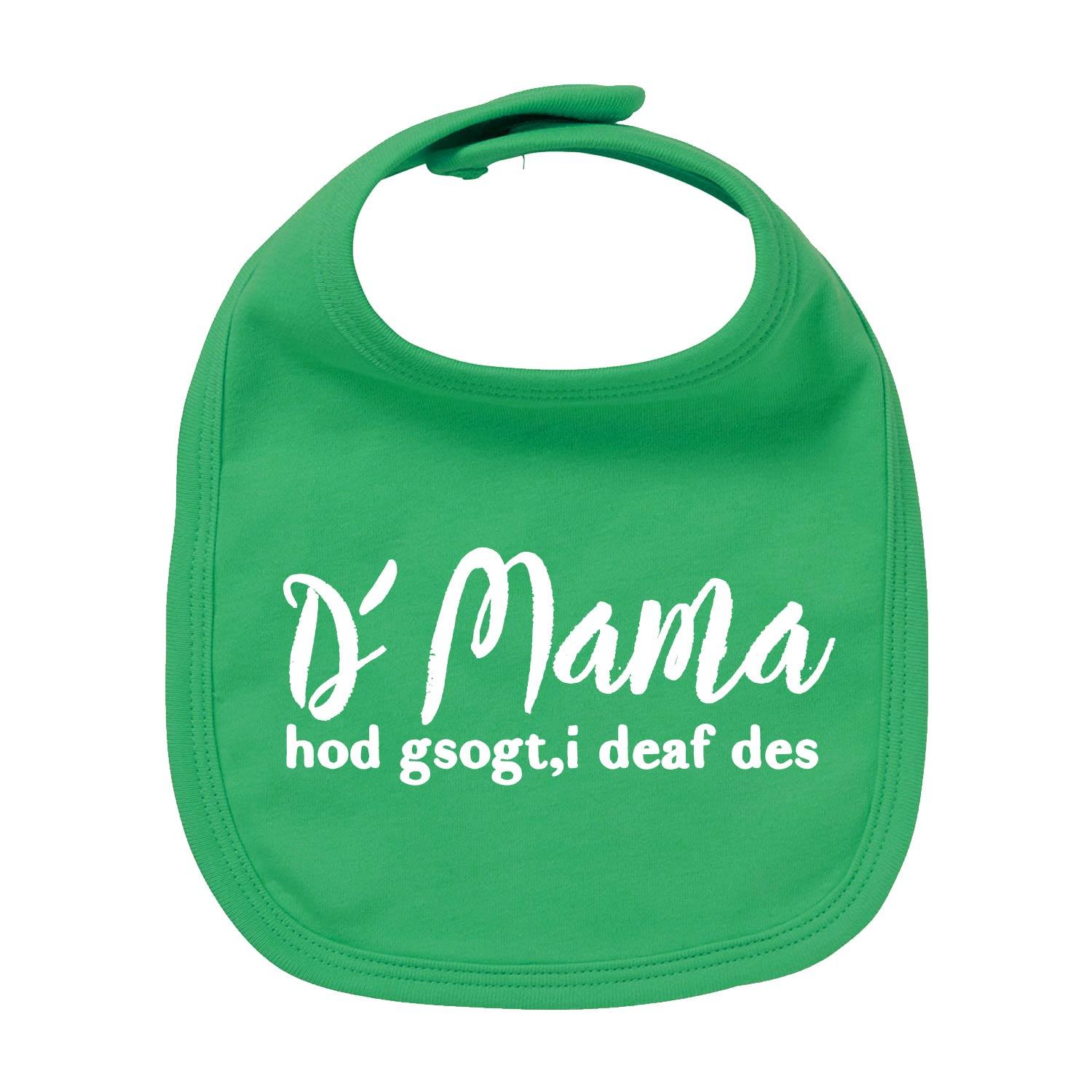 Weißes Baby-Lätzchen mit blauem Schriftzug „Mama sogt, i deaf des“, runde Form, aus 100 % Bio-Baumwolle.