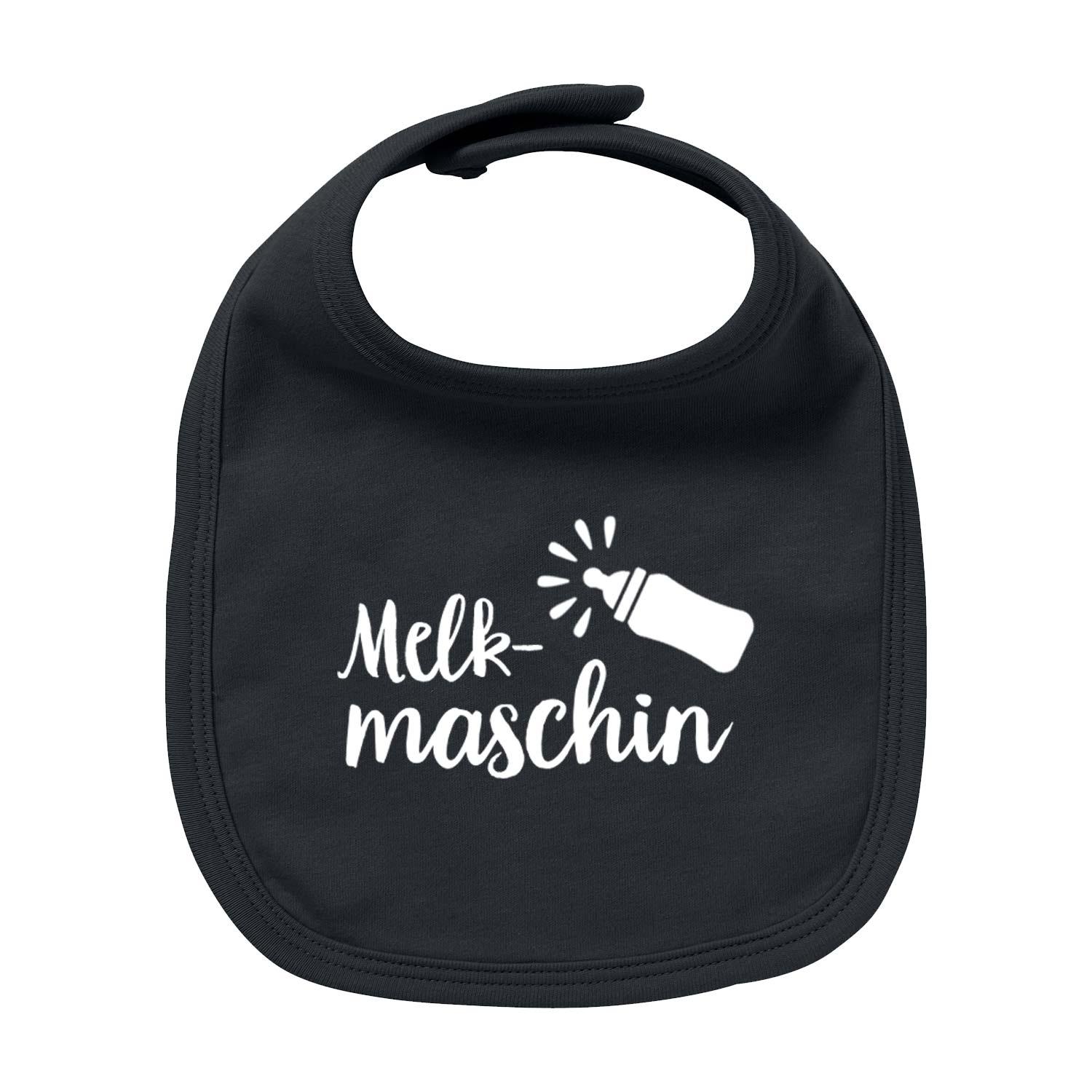 Baby-Lätzchen mit aufgedrucktem Schriftzug „Melkmaschin“, aus Bio-Baumwolle, rechteckige Form, Siebdruck.