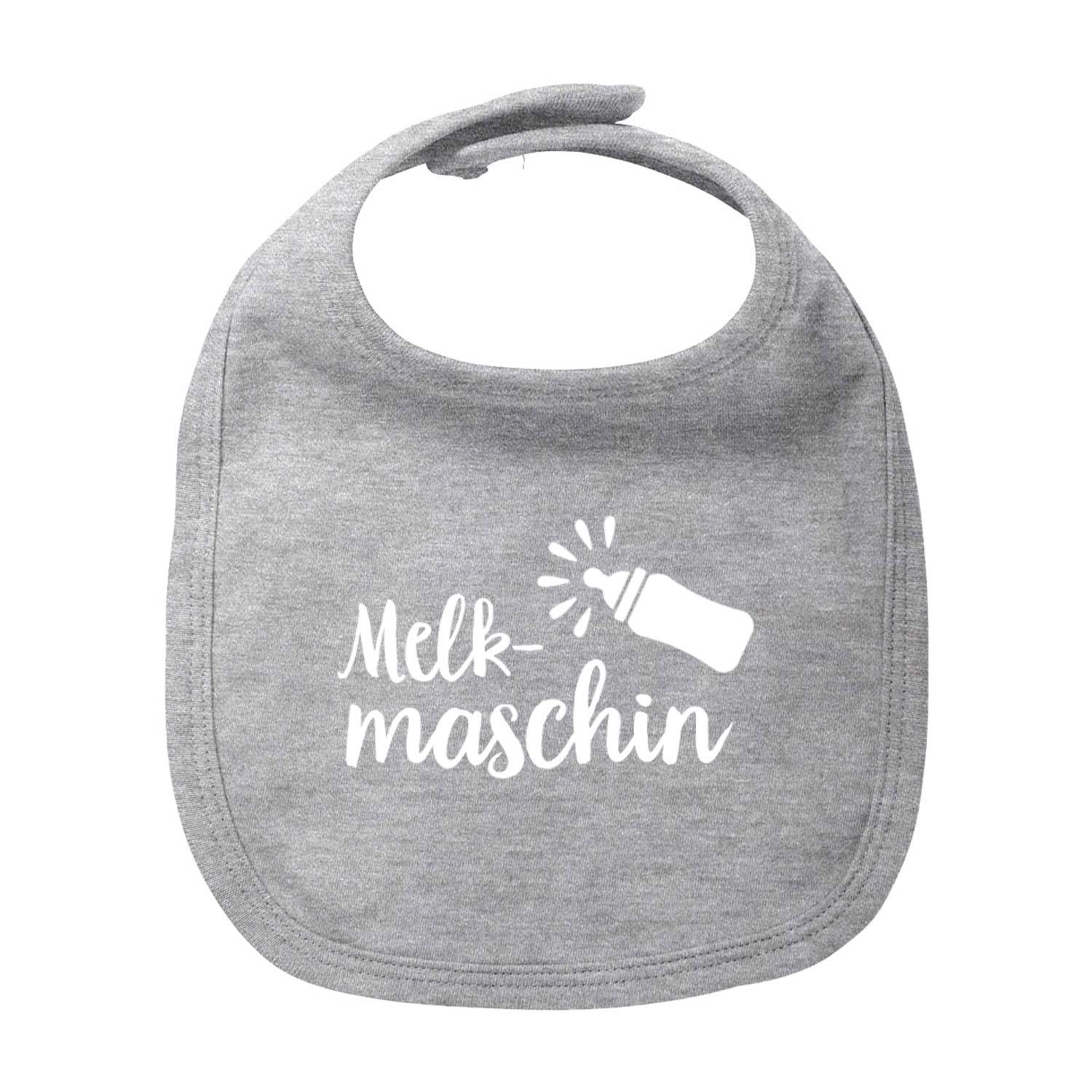 Baby-Lätzchen mit auffälligem „Melkmaschin“-Schriftzug, aus Bio-Baumwolle mit Siebdruck, 35 x 22 cm.