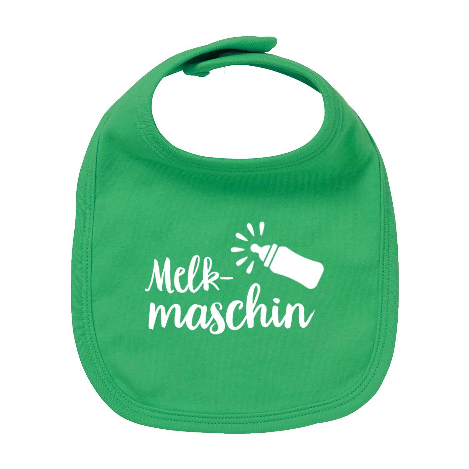 Baby-Lätzchen mit Schriftzug „Melkmaschin“, Rundhalsausschnitt, Druckknopfverschluss, aus 100 % Bio-Baumwolle.