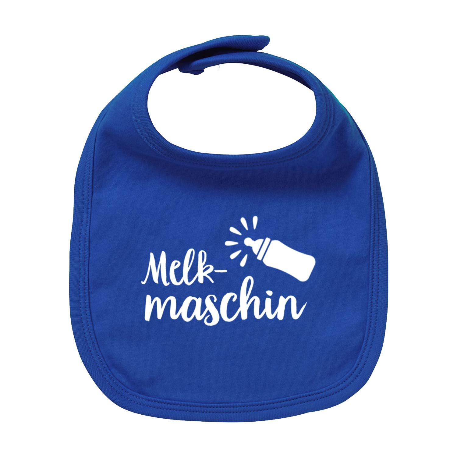Baby-Lätzchen mit großem Schriftzug „Melkmaschin“, klassischer Schnitt, Bio-Baumwolle, Siebdruck, ca. 35 × 22 cm