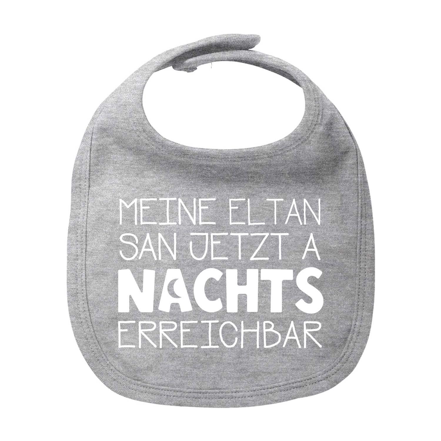 Weißes Baby-Lätzchen mit schwarzem Aufdruck „Nachts erreichbar!“, abgerundete Form, 100 % Bio-Baumwolle.