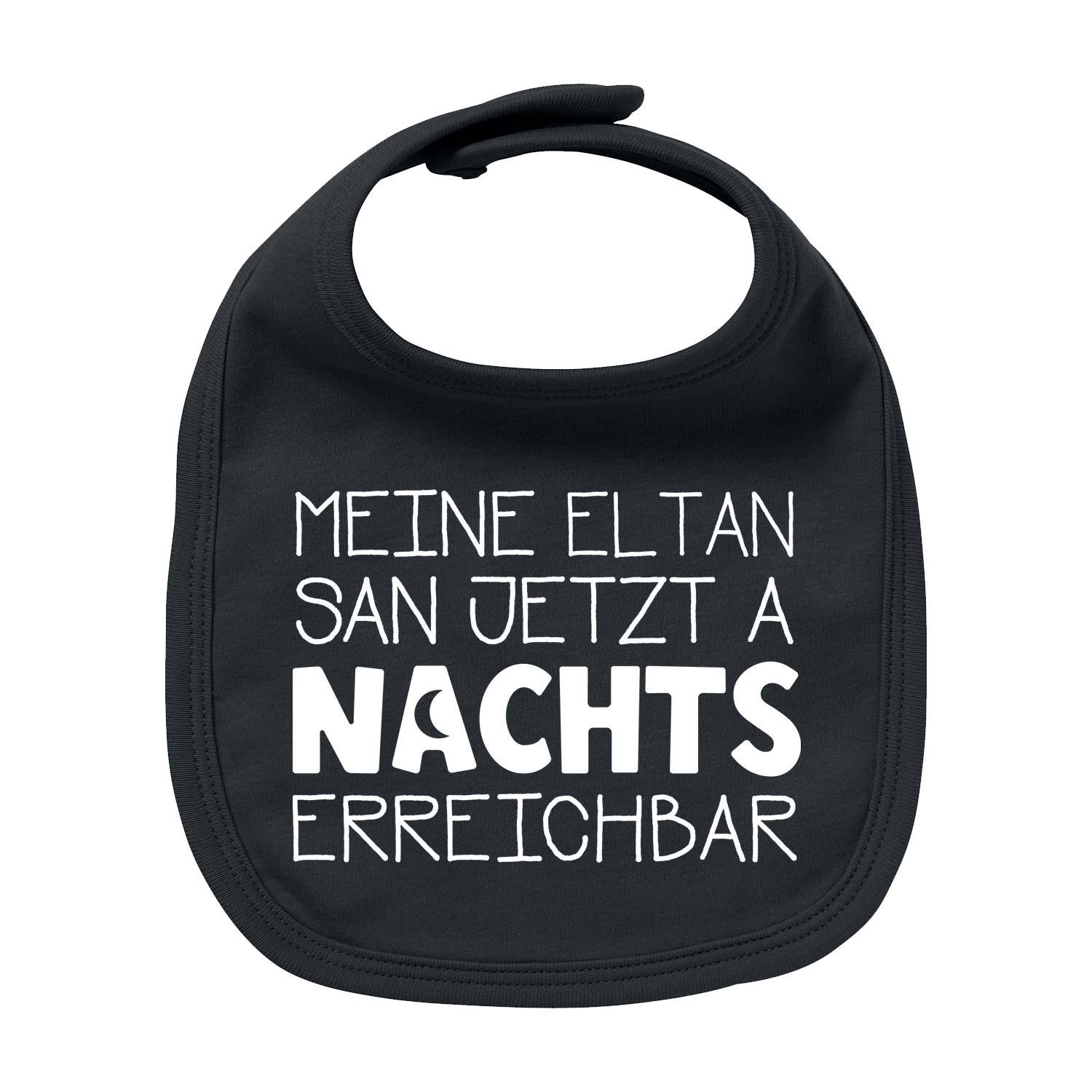 Baby-Lätzchen in Beige mit schwarzem Schriftzug „Nachts erreichbar!“, aus Bio-Baumwolle, rundem Halsausschnitt.