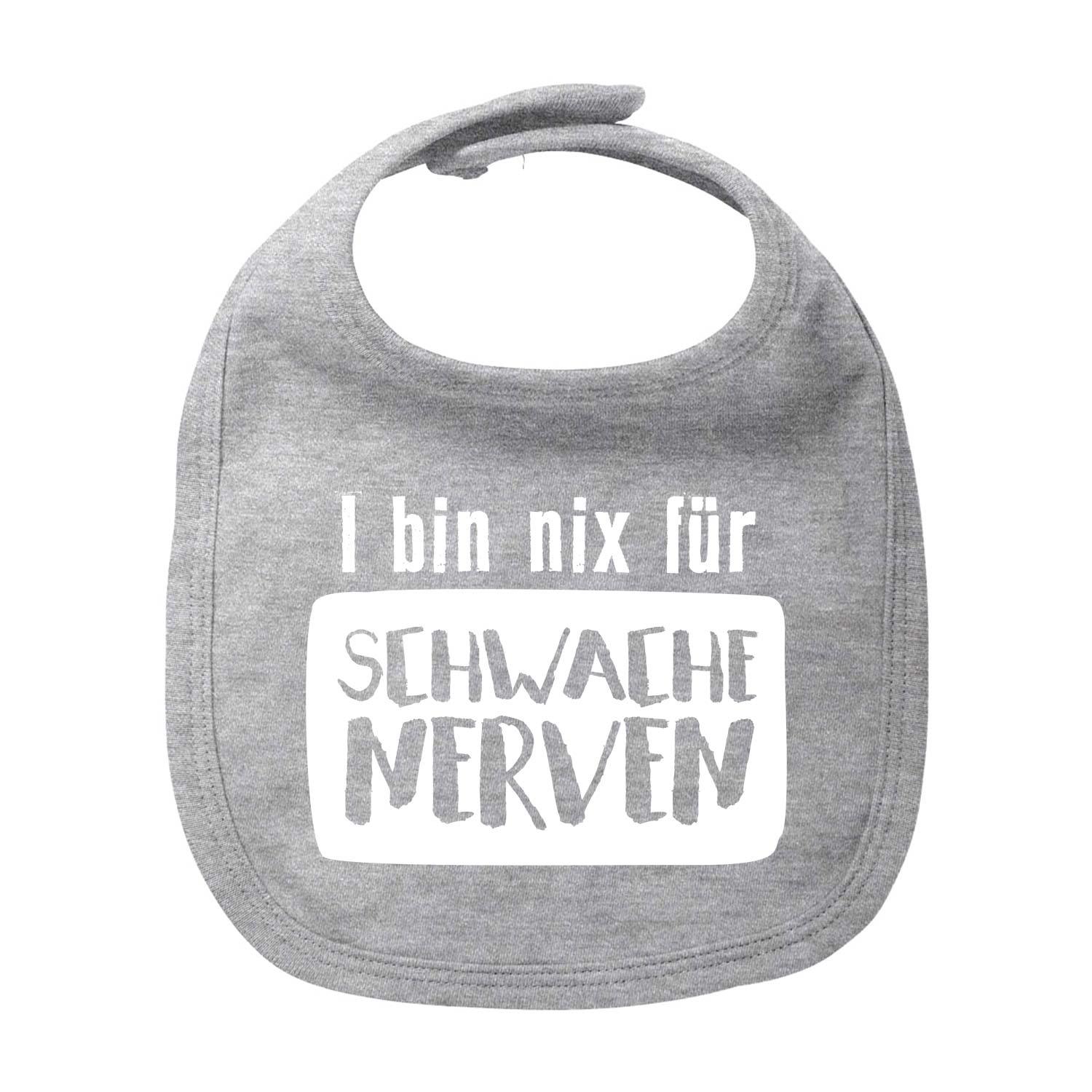 Weißes Baby-Lätzchen mit schwarzem Schriftzug „nix für schwache Nerven“, rechteckige Form, Bio-Baumwolle.