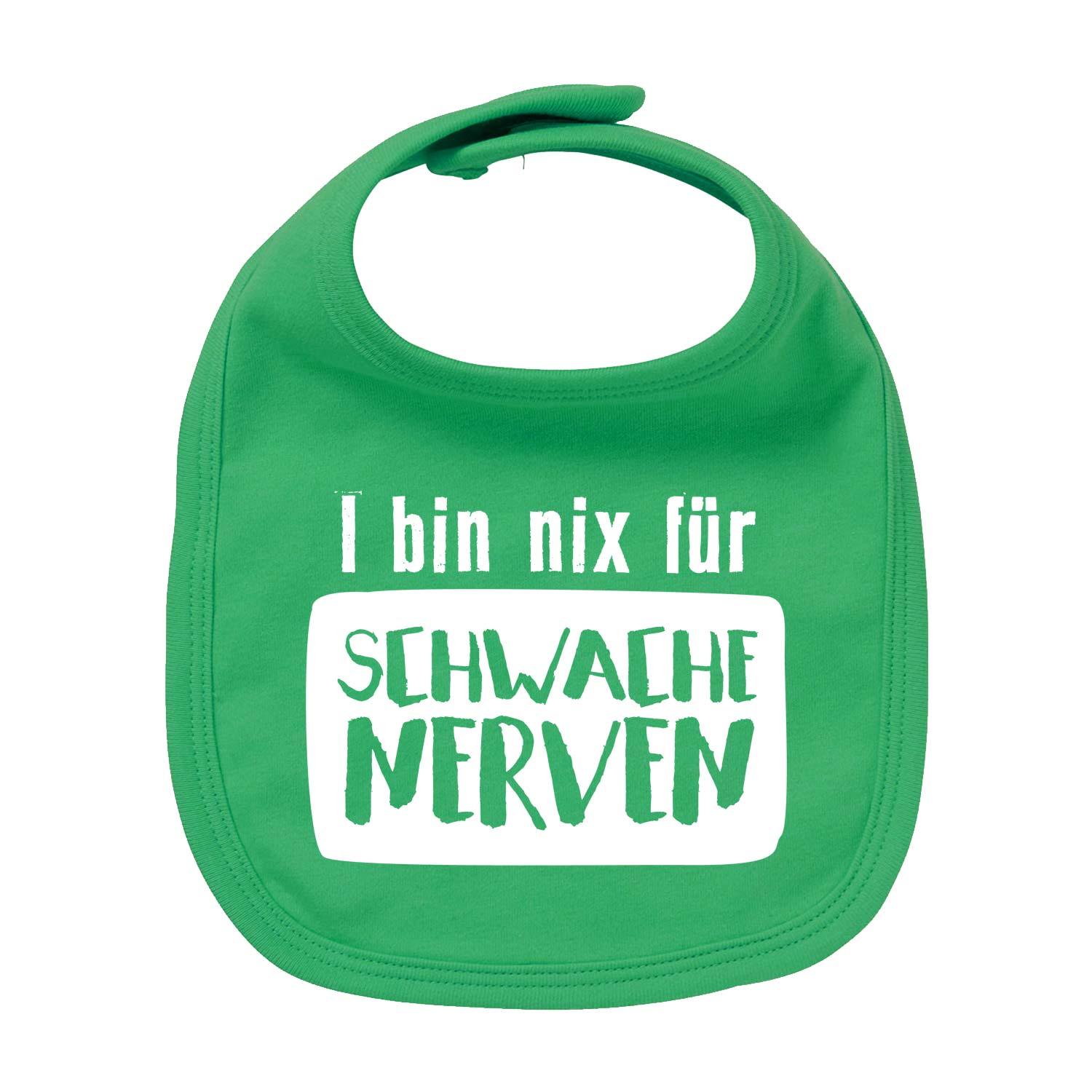 Weißes Baby-Lätzchen mit schwarzem Schriftzug „nix für schwache Nerven“, runde Form, 100 % Bio-Baumwolle.