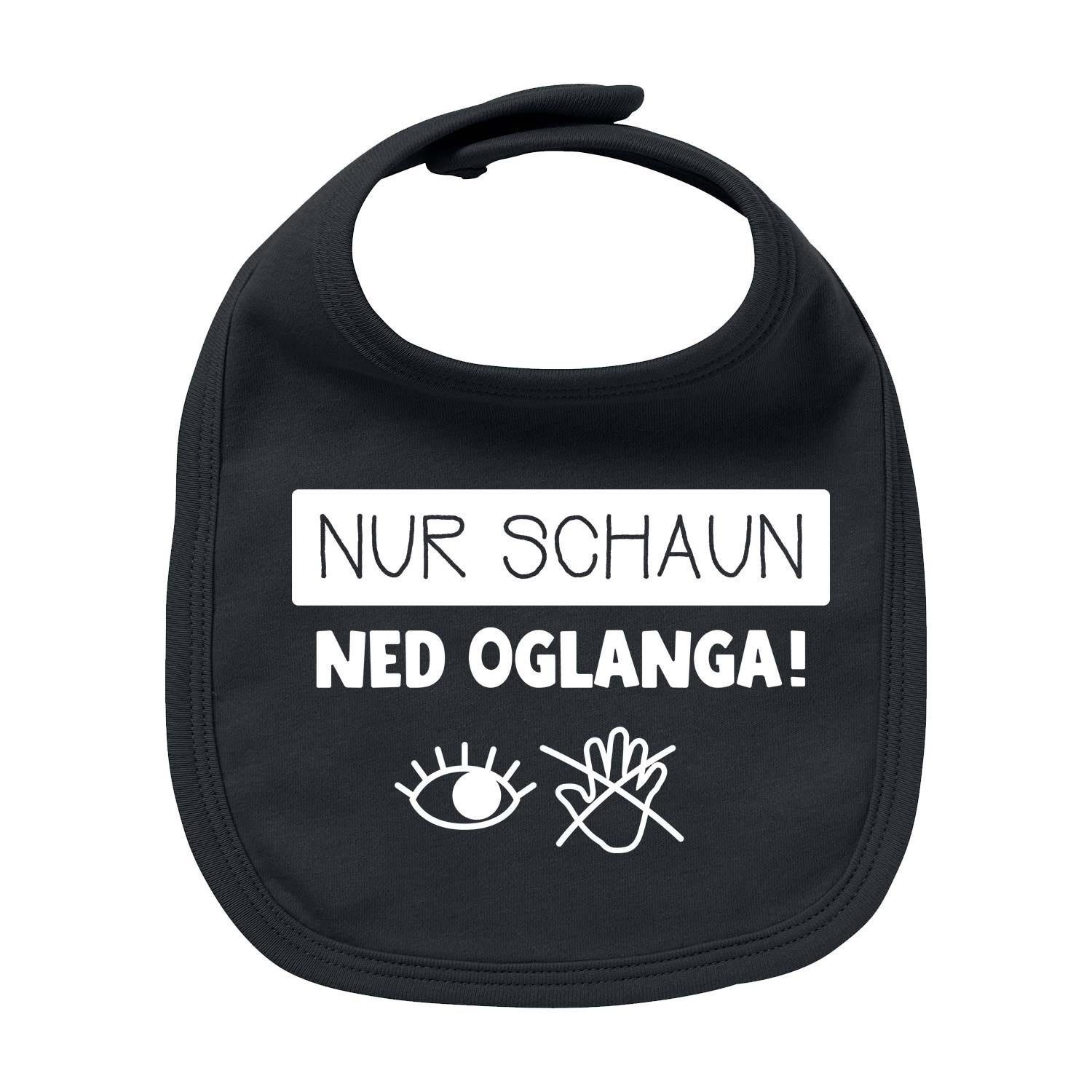 Schwarzes Baby Lätzchen Nur schaun... mit weißem Schriftzug und Piktogrammen für Auge und verbotene Hand