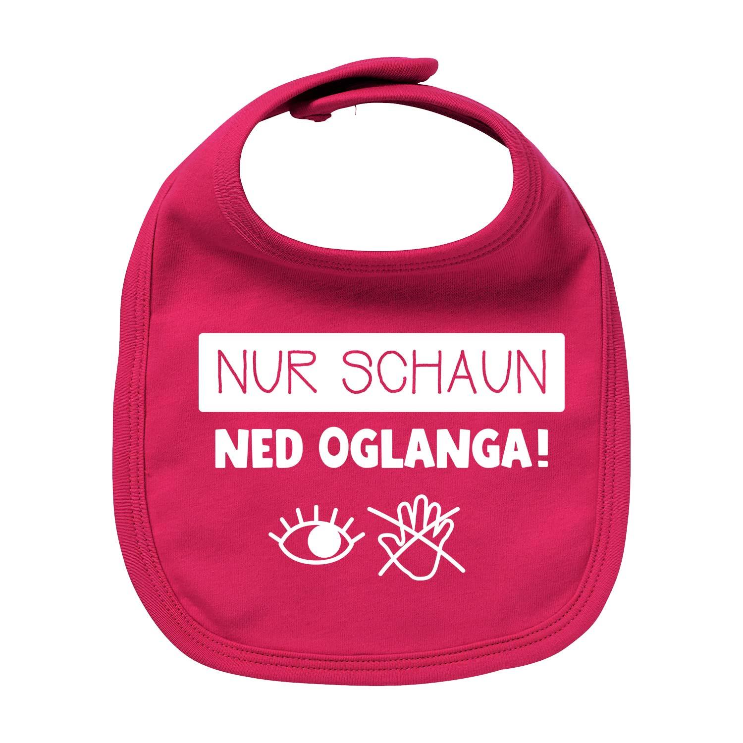 Pinkes Baby-Lätzchen "Nur schaun..." mit weißem Spruch und Augen-/Hand-Symbolen auf Vorderseite, Klettverschluss.