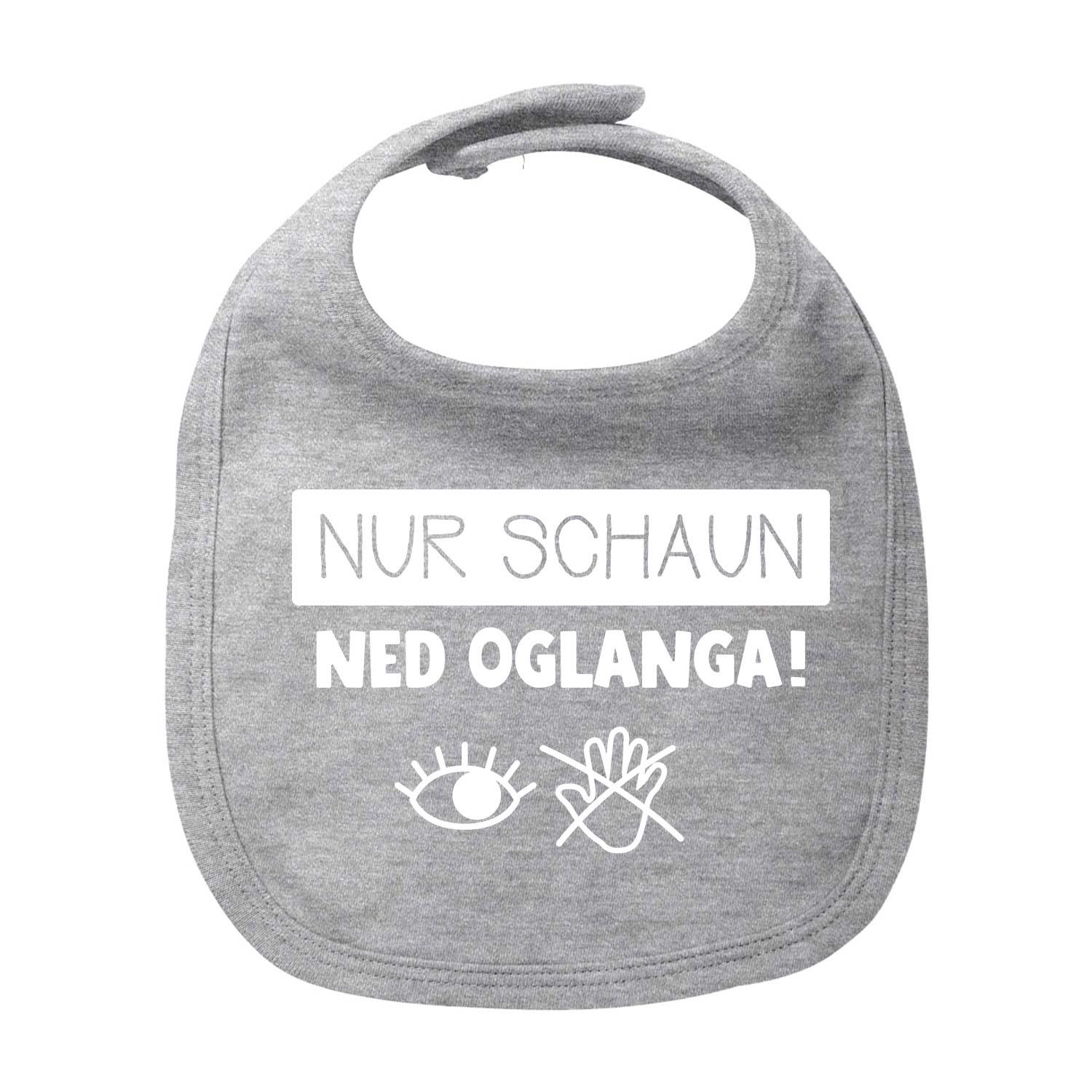 Graues Baumwoll Lätzchen "Nur schaun..." mit weißem Aufdruck und Comic-Symbolen, ideal für Babys