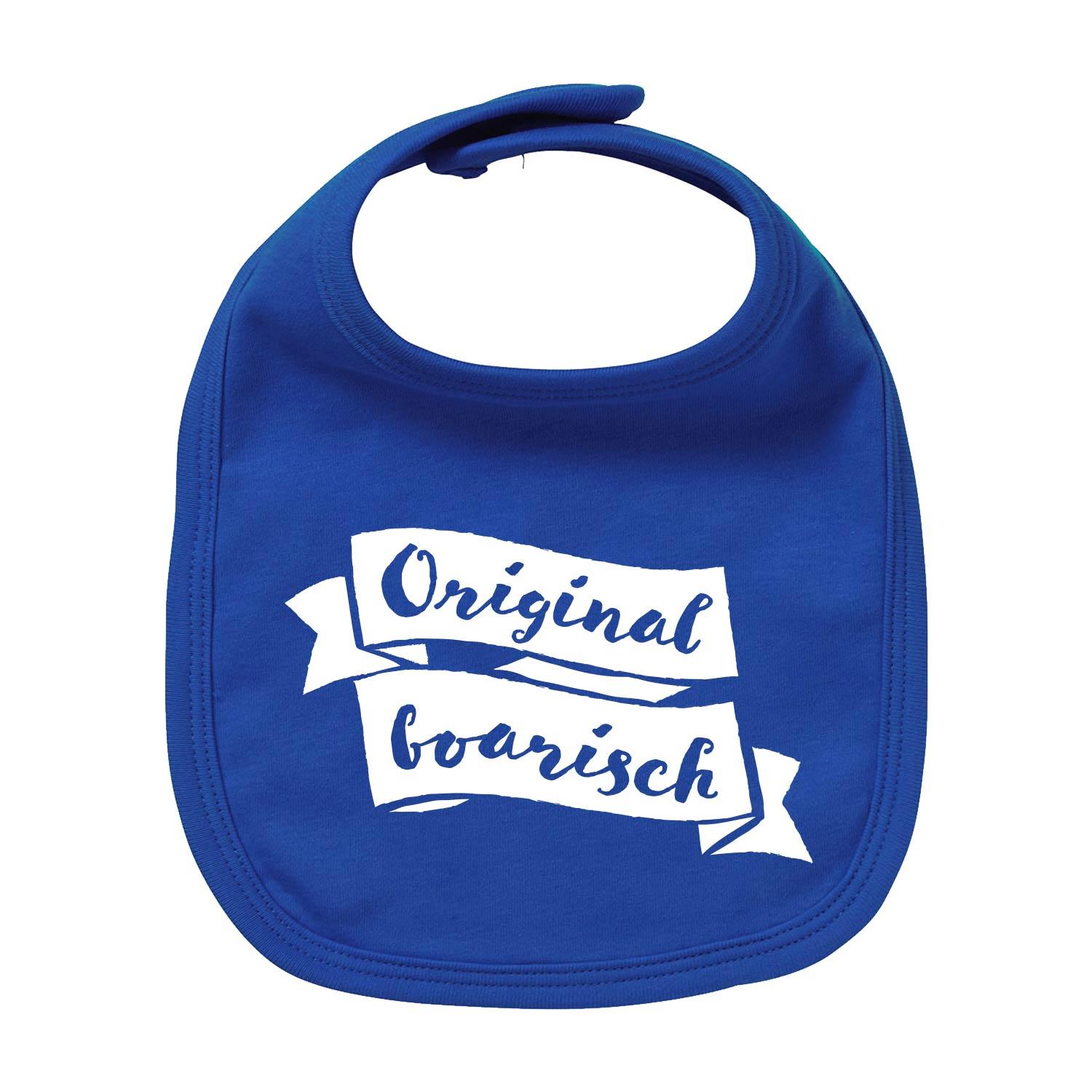 Bayerisches Baby-Lätzchen in Weiß mit blauem Aufdruck „Original boarisch“, rundem Ausschnitt, 100 % Bio-Baumwolle.