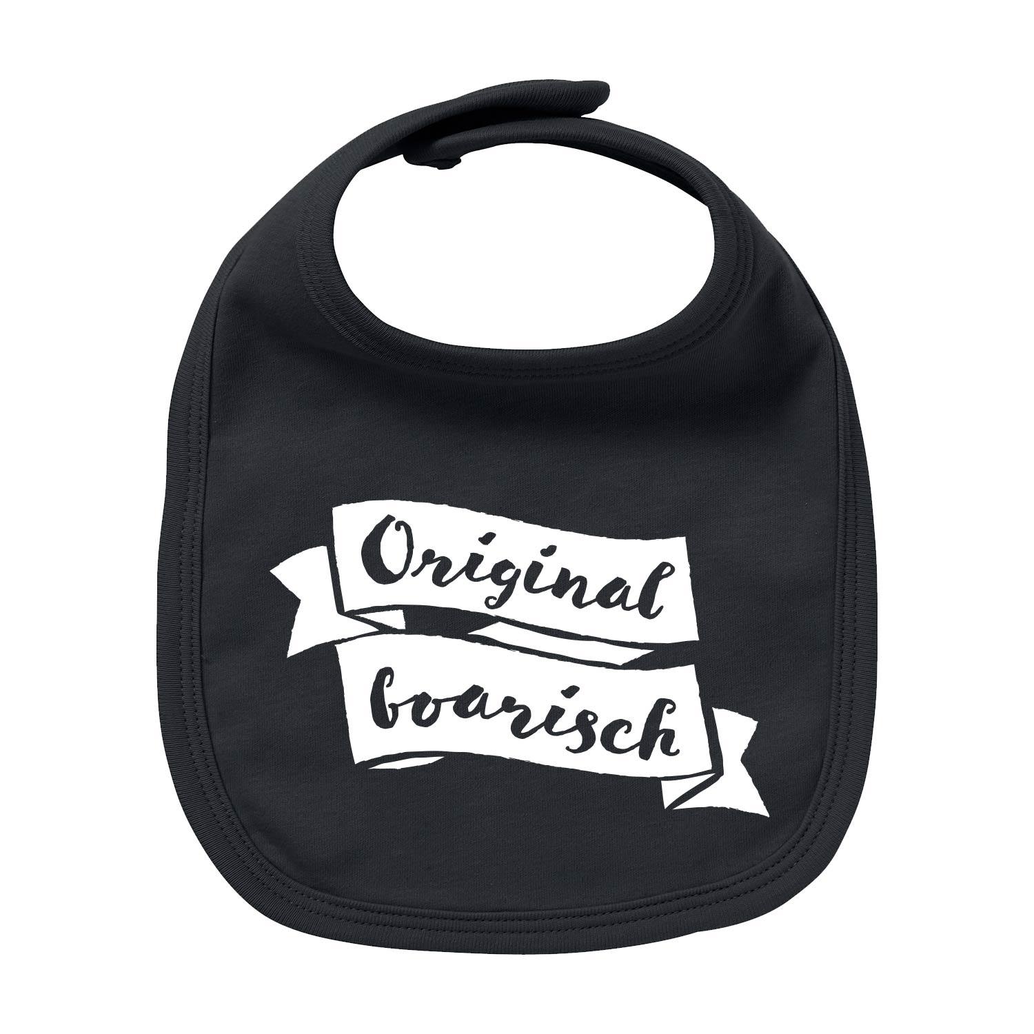 Weißes Baby-Lätzchen in rundlicher Form mit blauem Schriftzug „Original boarisch“ aus Bio-Baumwolle.