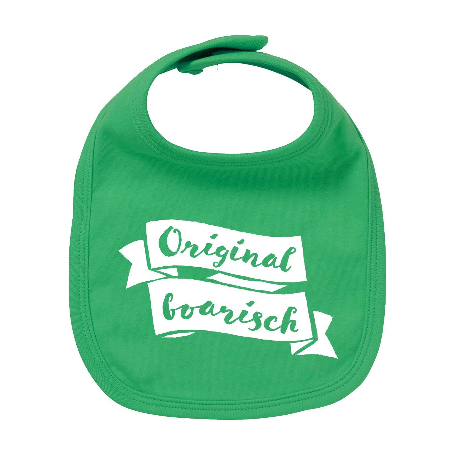 Weißes Baby-Lätzchen mit dunkelblauem Aufdruck „Original boarisch“, runde Form, aus 100 % Bio-Baumwolle.