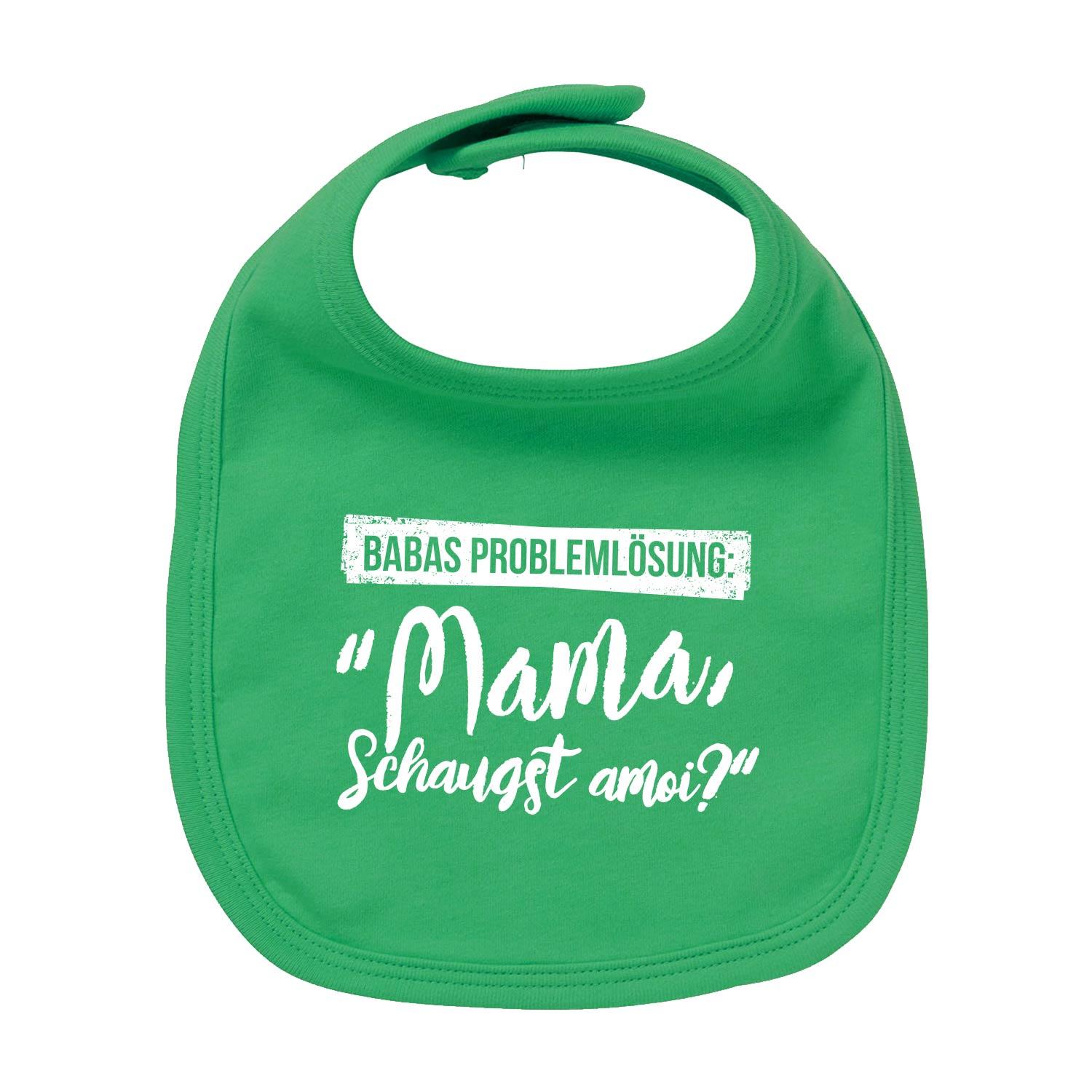 Weißes Baby-Lätzchen mit blauem Schriftzug „Papas Problemlösung“, breiter Rundhalsausschnitt, 100 % Bio-Baumwolle.