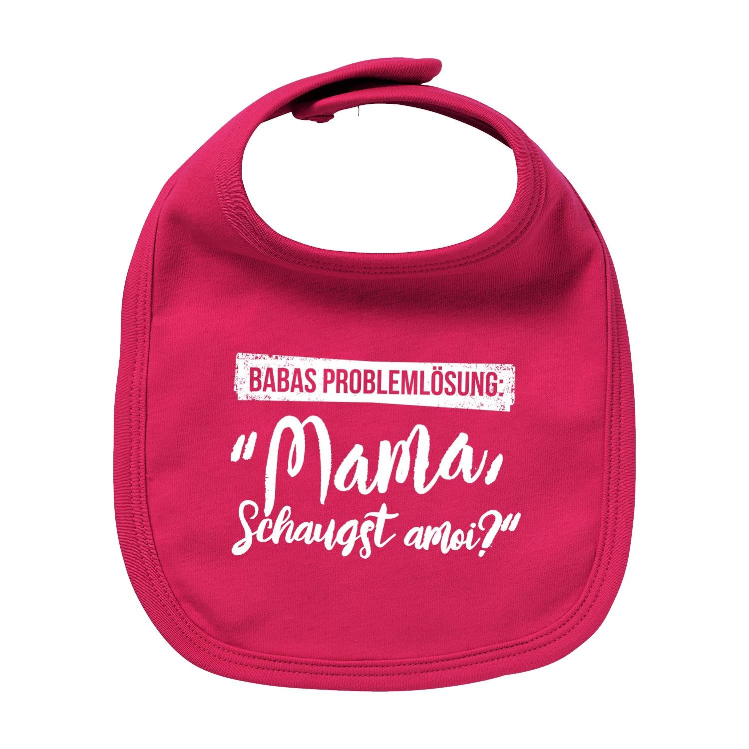 Weißes Baby-Lätzchen mit blauem Siebdruck-Schriftzug „Papas Problemlösung...“, rechteckig, aus Bio-Baumwolle.