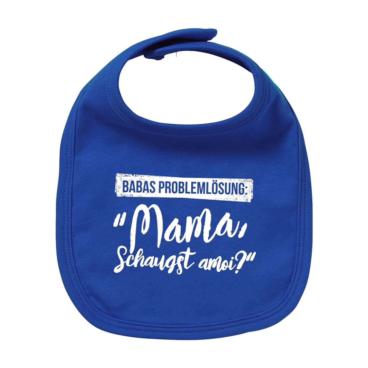 Hellblaues Baby-Lätzchen mit schwarzem Aufdruck „Papas Problemlösung“ und Flaschenillustrationen aus Bio-Baumwolle.