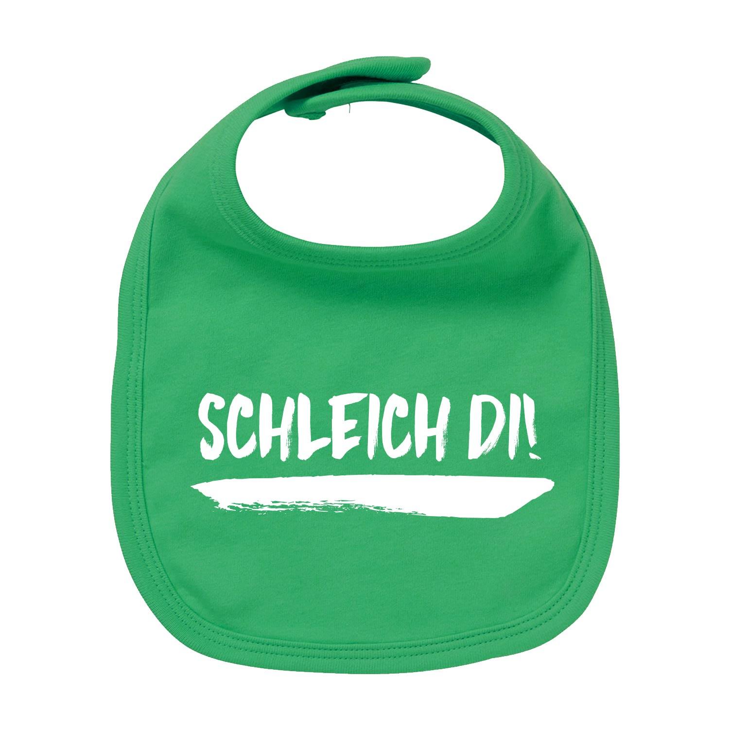 Weißes Baby-Lätzchen mit blauem Schriftzug „Schleich di!“, runder Halsausschnitt, aus Bio-Baumwolle, Siebdruck.