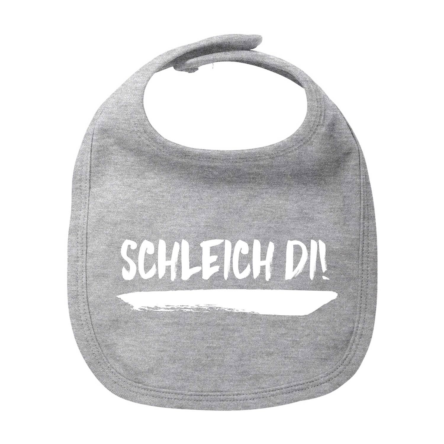 Weißes Baby-Lätzchen mit blauem Schriftzug „Schleich di!“ und Herzmotiv, aus Bio-Baumwolle, 35 × 22 cm.