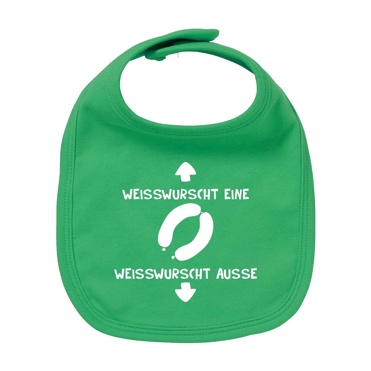 Baby-Lätzchen mit aufgedruckten Weißwürsten und Brezen, aus Bio-Baumwolle mit Siebdruck, Maße 35 x 22 cm.