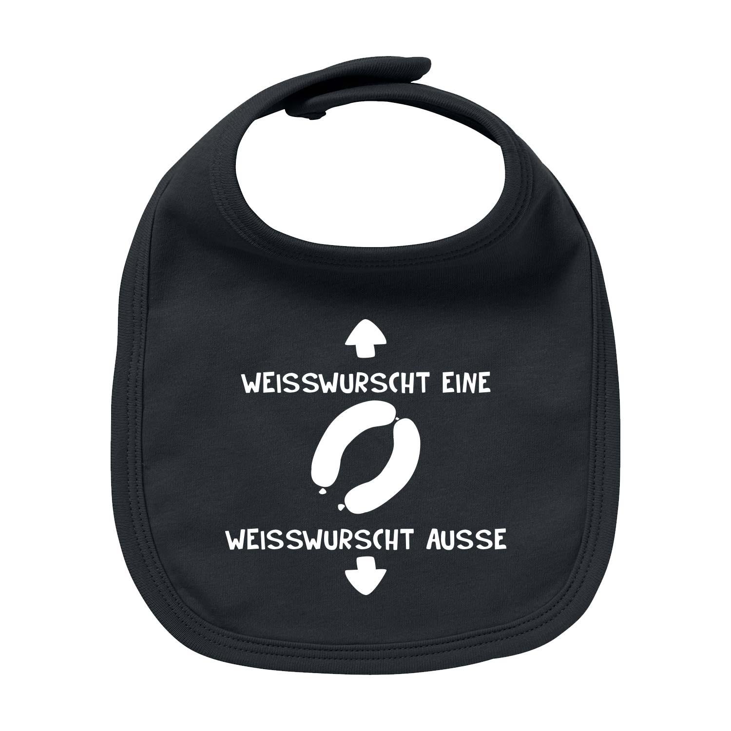 Lätzchen Weißwurscht schwarz mit lustigem Spruch Weißwurscht eine, Weißwurscht ausse und Wurstmotiv.