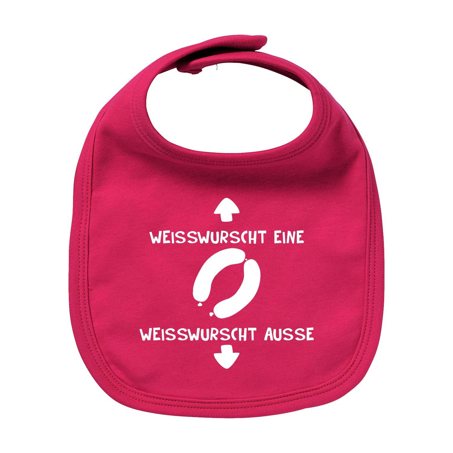 Fuchsiafarbenes Lätzchen Weißwurscht mit lustigem Aufdruck "WEISSWURSCHT EINE WEISSWURSCHT AUSSE" für Babys