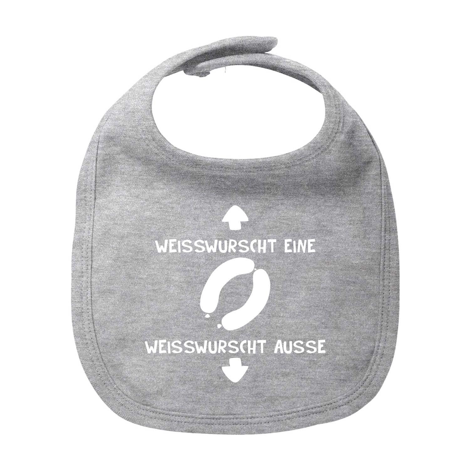Graues Lätzchen "Weisswurscht" mit lustigem Spruch und Weisswurst-Grafik für Babys, praktischer Klettverschluss.
