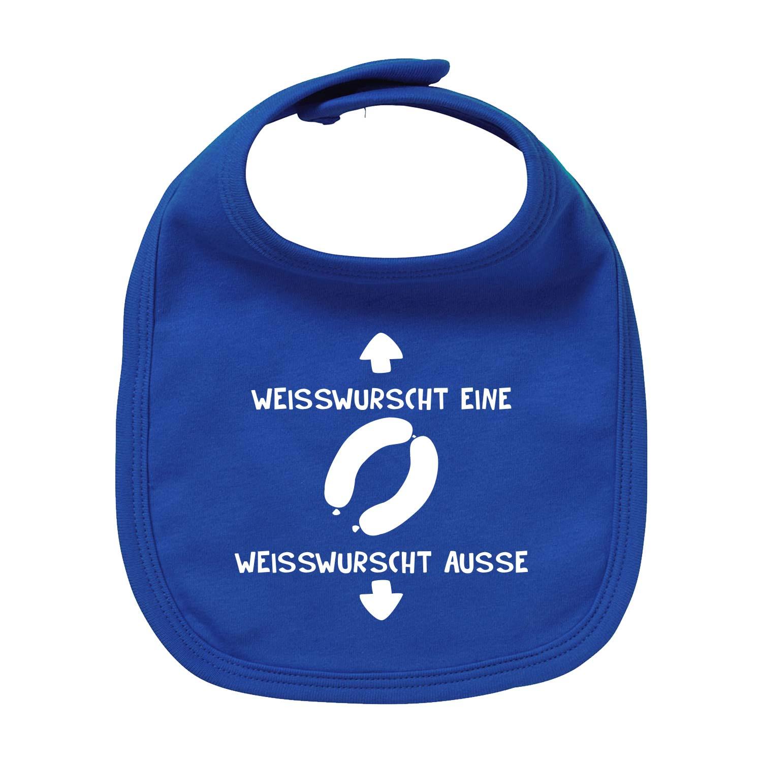 Blaues Lätzchen Weißwurscht mit lustigem Spruch und Weißwurst-Motiv, ideal für Babys und Kleinkinder.