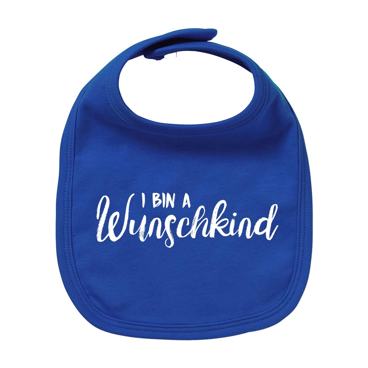 Hellblaues Baby-Lätzchen mit weißem Herz-Motiv und Schriftzug „Wunschkind“, aus Bio-Baumwolle, Siebdruck.