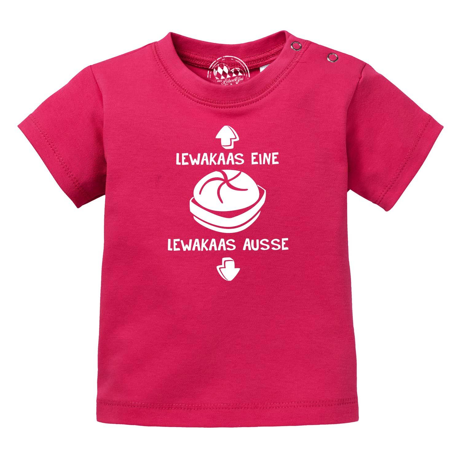 Fuchsia Baby T-Shirt Lewakaas mit weißem Druck Brezn und Pfeilen, Druckknöpfe an der Schulter.