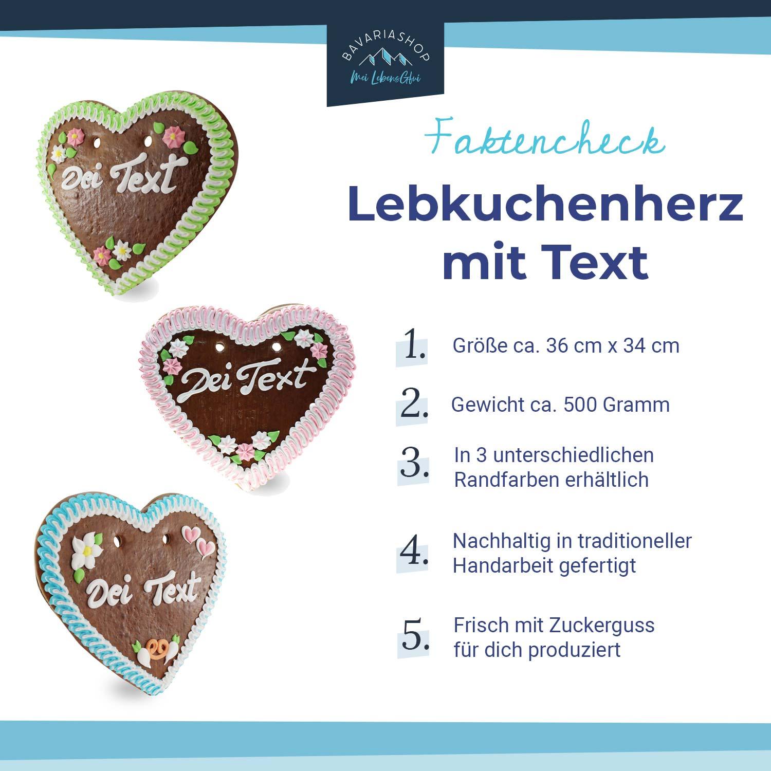 Großes herzförmiges Lebkuchenherz mit weißem Zuckerrand, blauem Randmuster und personalisierbarem Schriftzug.