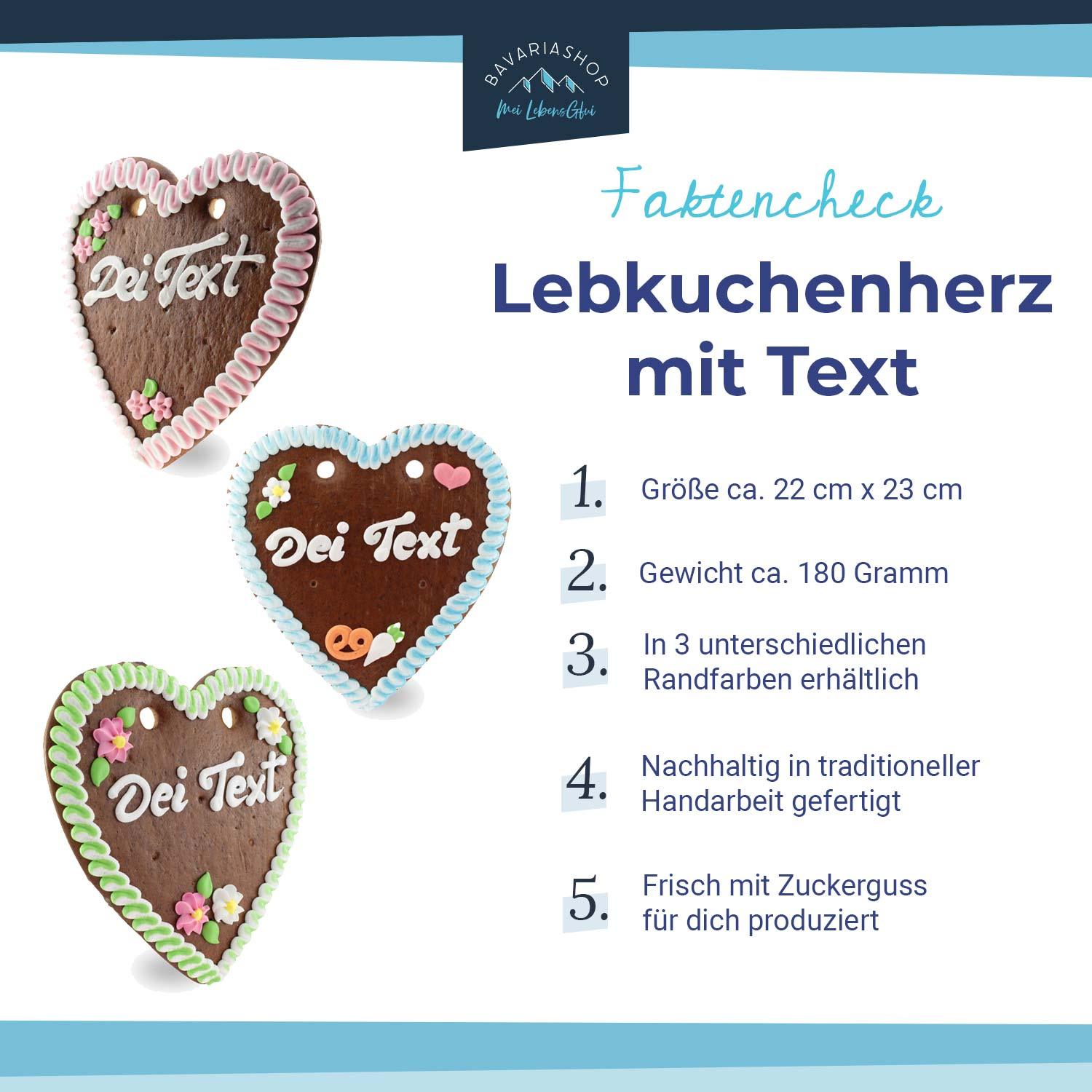 Herzförmiges Lebkuchenherz in Braun mit weißer und blauer Zuckerverzierung, Wunschtext in Zuckerschrift, ca. 22x23 cm.