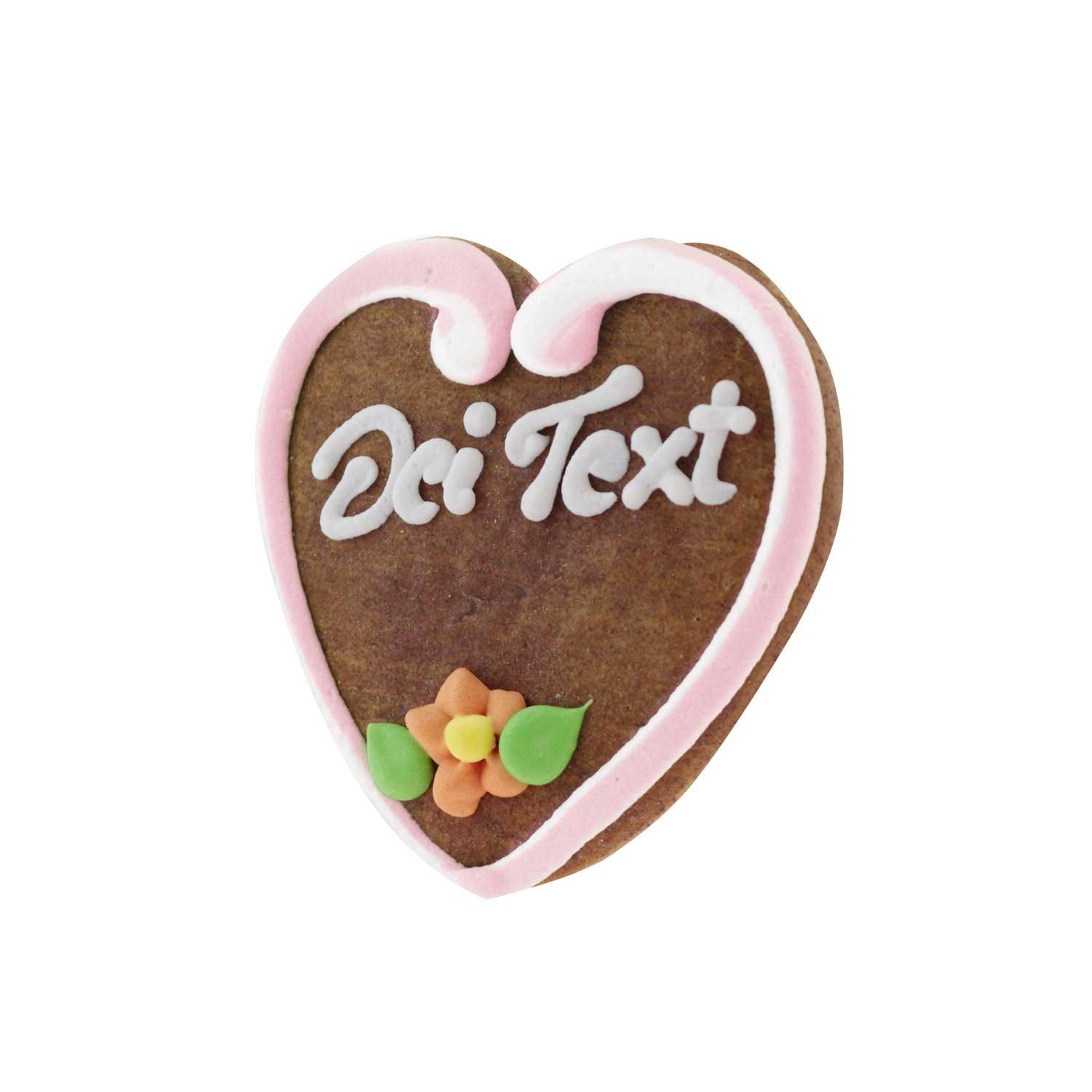 Braunes Lebkuchenherz mit weiß-blauem Rand, rotem Herzmotiv und individualisierbarem Schriftzug, ca. 10 x 10 cm.