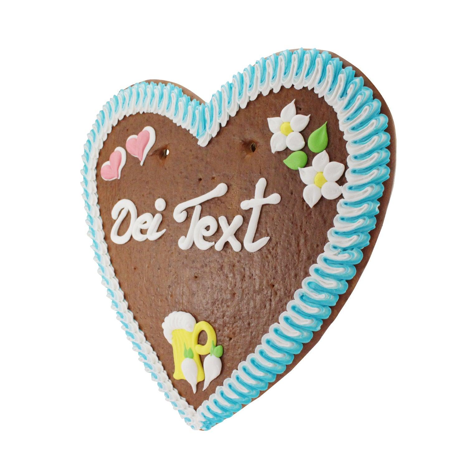 Großes, herzförmiges Lebkuchenherz aus braunem Teig mit bunter Zuckerdekoration und Wunschtext in Weißschrift, ca. 50 x 48 cm, 1 kg.