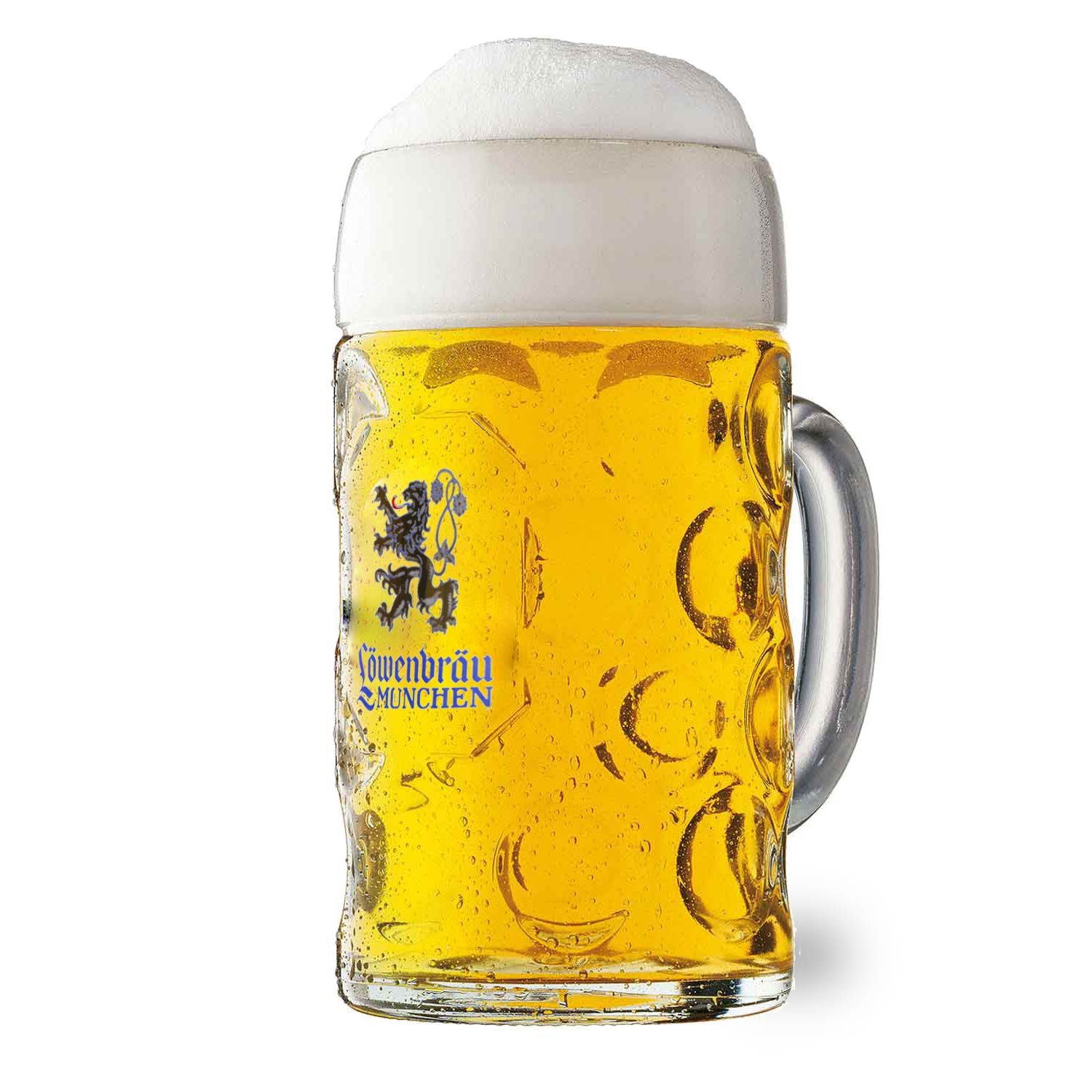 Klarglänzender Bierkrug aus Glas mit Wabenstruktur, Löwenbräu-Logo und goldblauem Schriftzug, 1,0 Liter Fassungsvermögen.