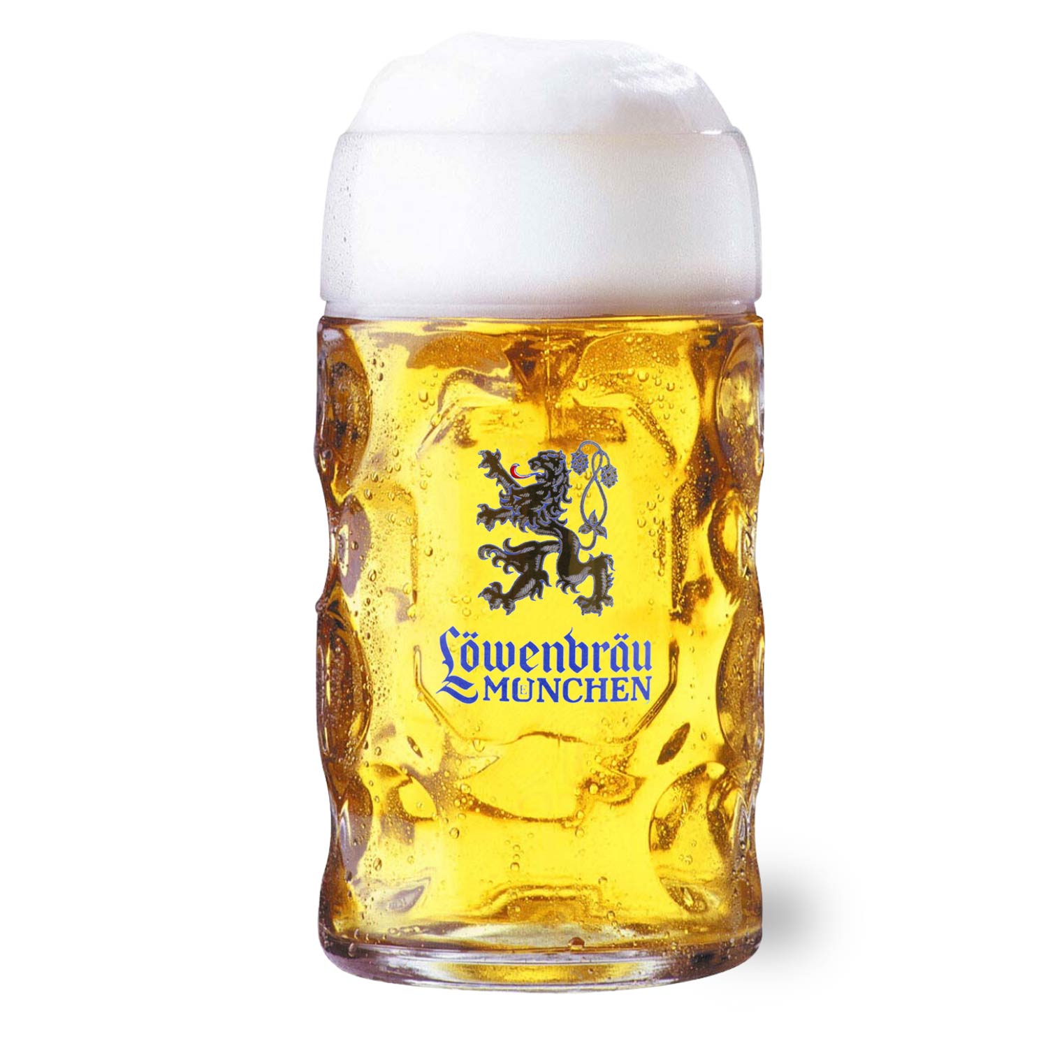 Klarglas-Maßkrug mit blau-gelbem Löwenbräu-Wappen, geriffeltem Henkel und geprägtem Muster, Fassungsvermögen 1 Liter.