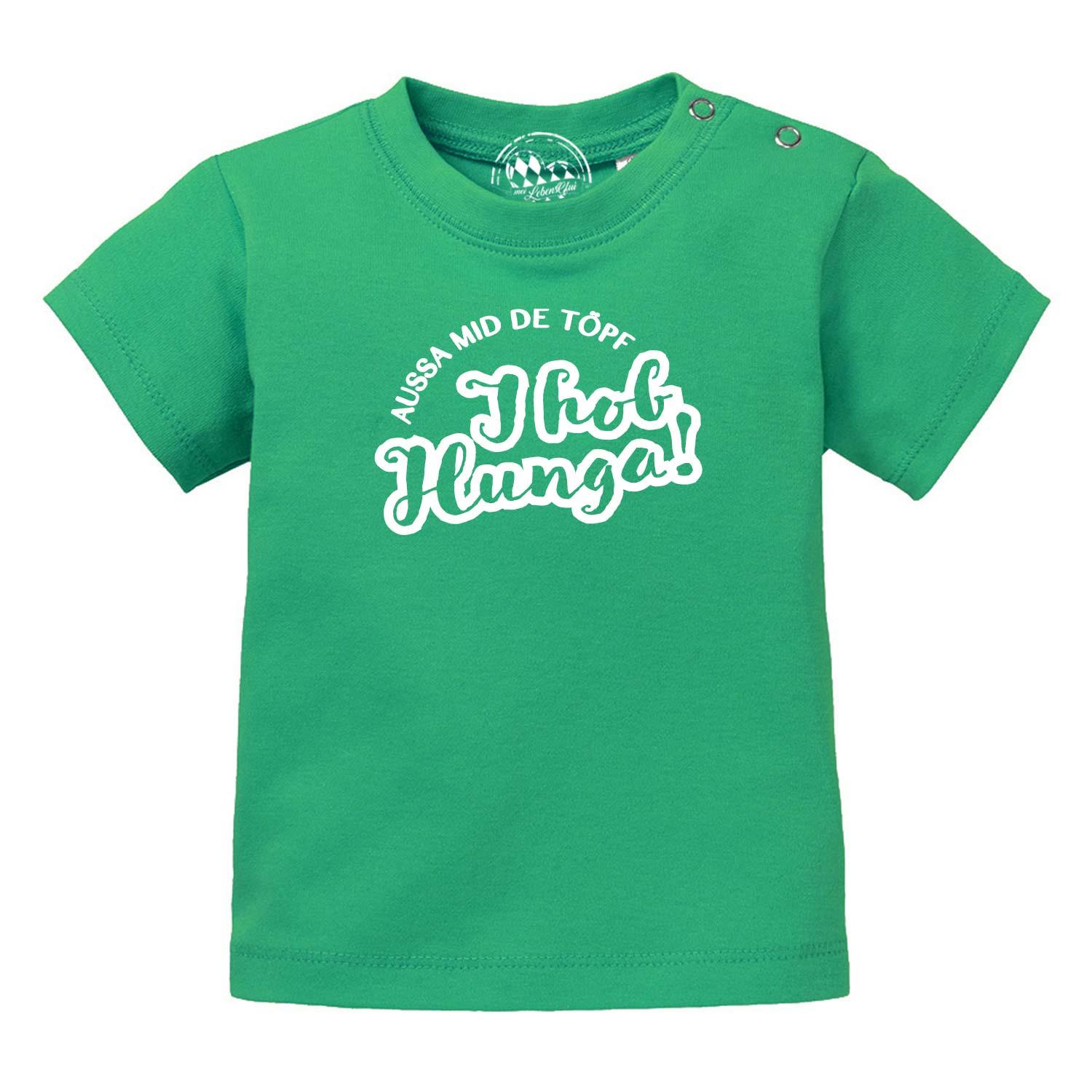 Grünes Baby T-Shirt Aussa mid de Töpf… mit weißem Spruch und praktischen Druckknöpfen an der Schulter.